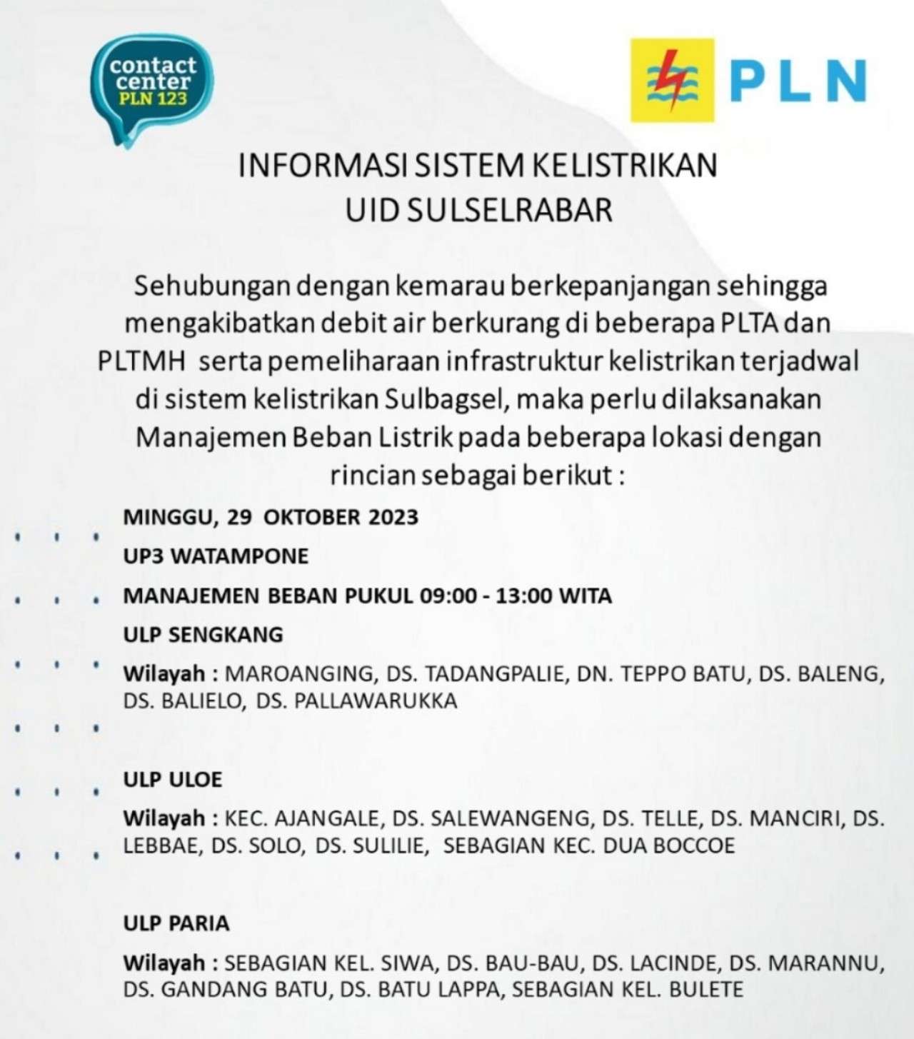 Siap-siap! Listrik Padam Mulai Jam 9 Pagi Hari Ini Minggu 29 Oktober 2023 di Bone dan Wajo