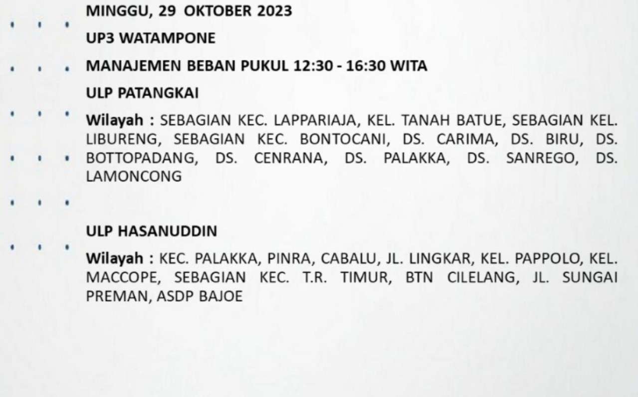 Siap-siap! Listrik Padam Mulai Jam 9 Pagi Hari Ini Minggu 29 Oktober 2023 di Bone dan Wajo