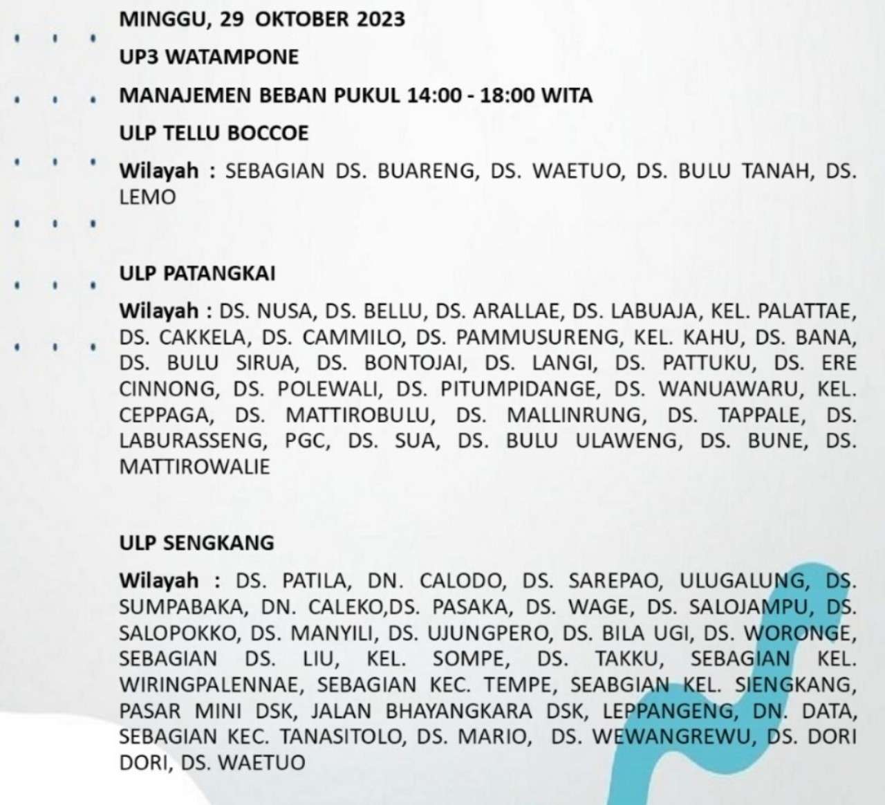 Siap-siap! Listrik Padam Mulai Jam 9 Pagi Hari Ini Minggu 29 Oktober 2023 di Bone dan Wajo