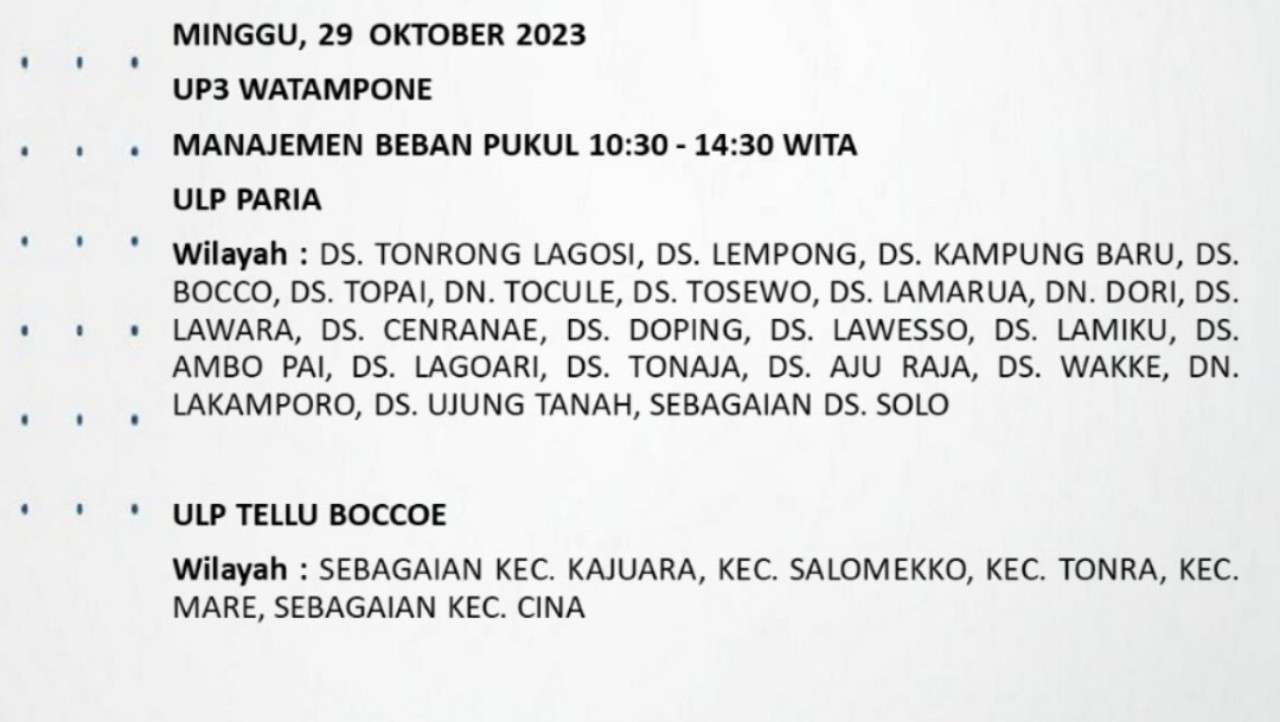 Siap-siap! Listrik Padam Mulai Jam 9 Pagi Hari Ini Minggu 29 Oktober 2023 di Bone dan Wajo