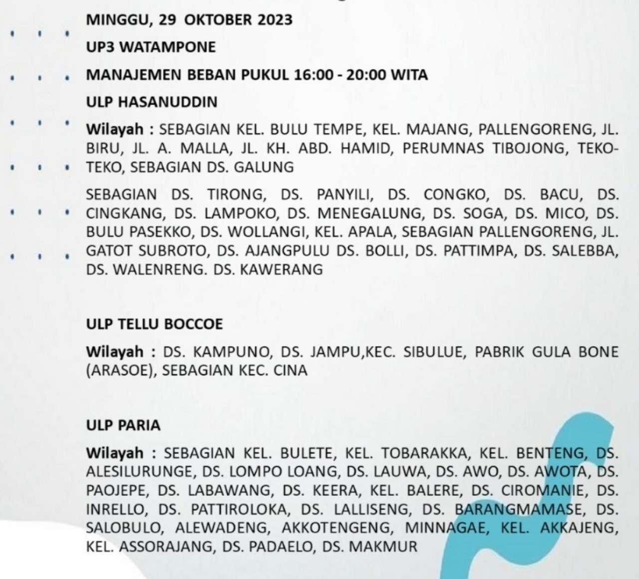 Siap-siap! Listrik Padam Mulai Jam 9 Pagi Hari Ini Minggu 29 Oktober 2023 di Bone dan Wajo