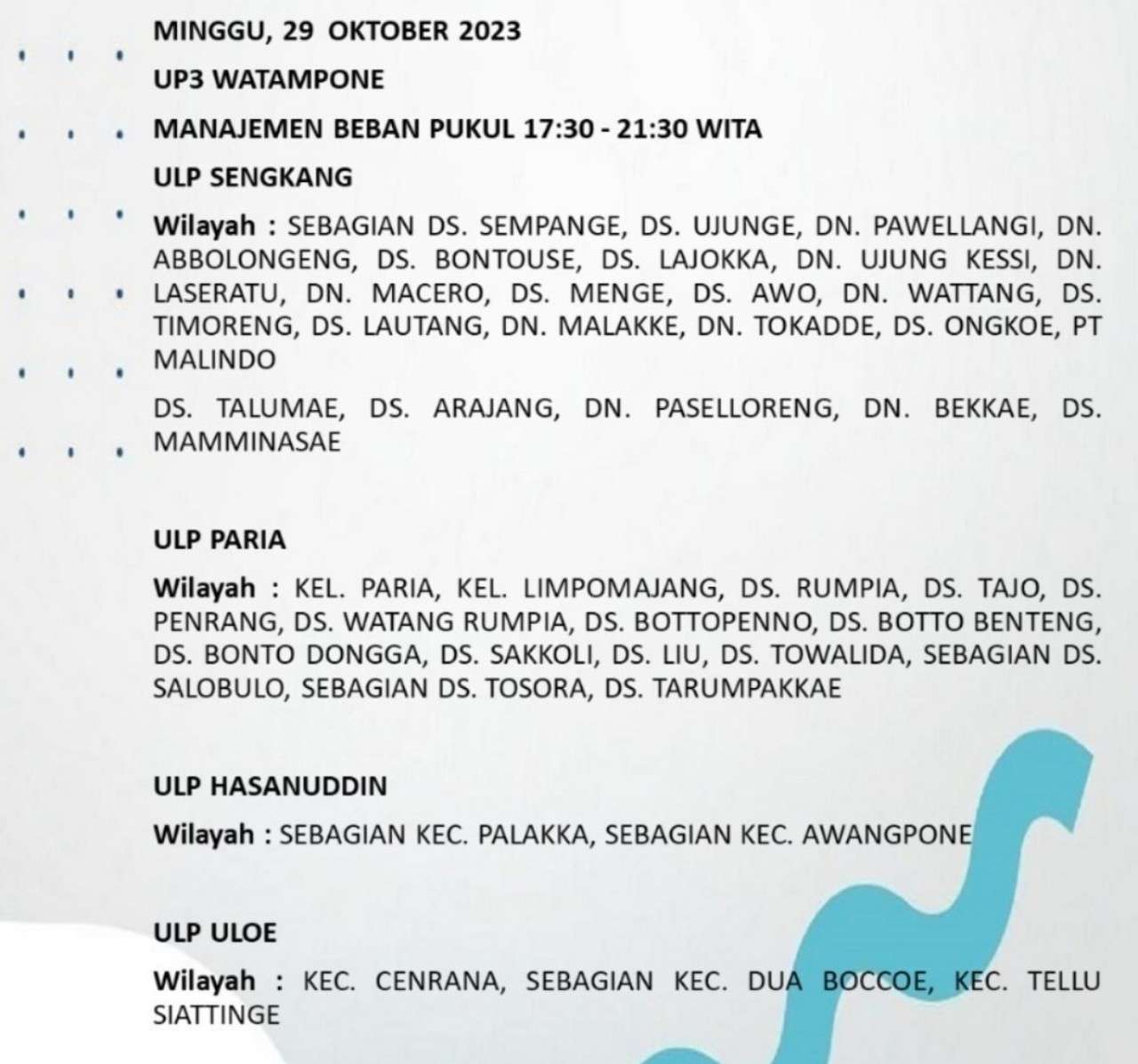 Siap-siap! Listrik Padam Mulai Jam 9 Pagi Hari Ini Minggu 29 Oktober 2023 di Bone dan Wajo