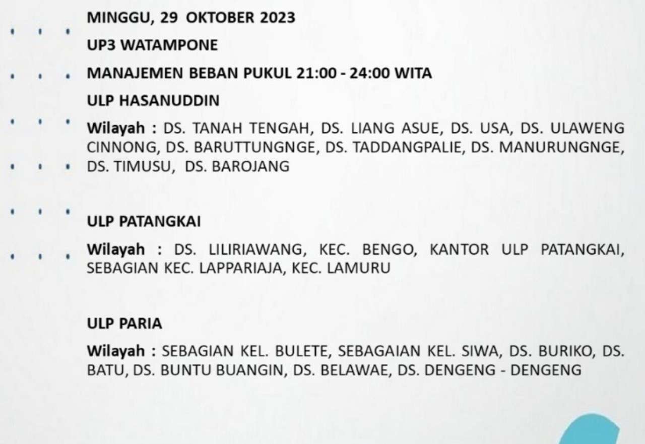 Siap-siap! Listrik Padam Mulai Jam 9 Pagi Hari Ini Minggu 29 Oktober 2023 di Bone dan Wajo