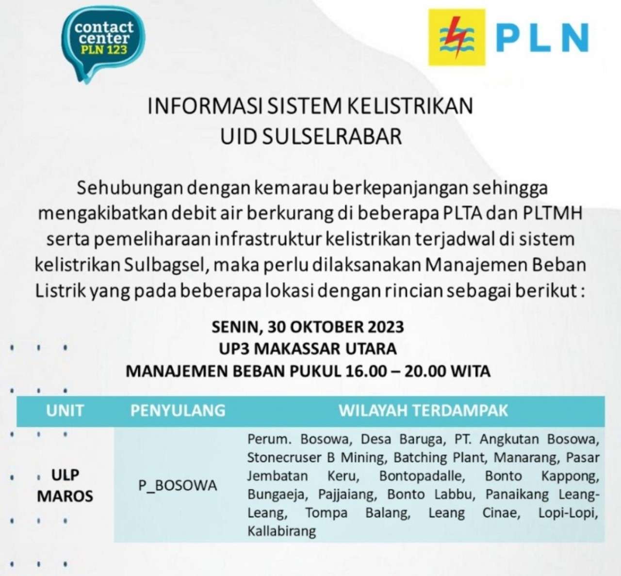 Hari Ini Senin 30 Oktober Listrik di Wilayah Makassar Utara dan Sekitarnya Kembali Padam!