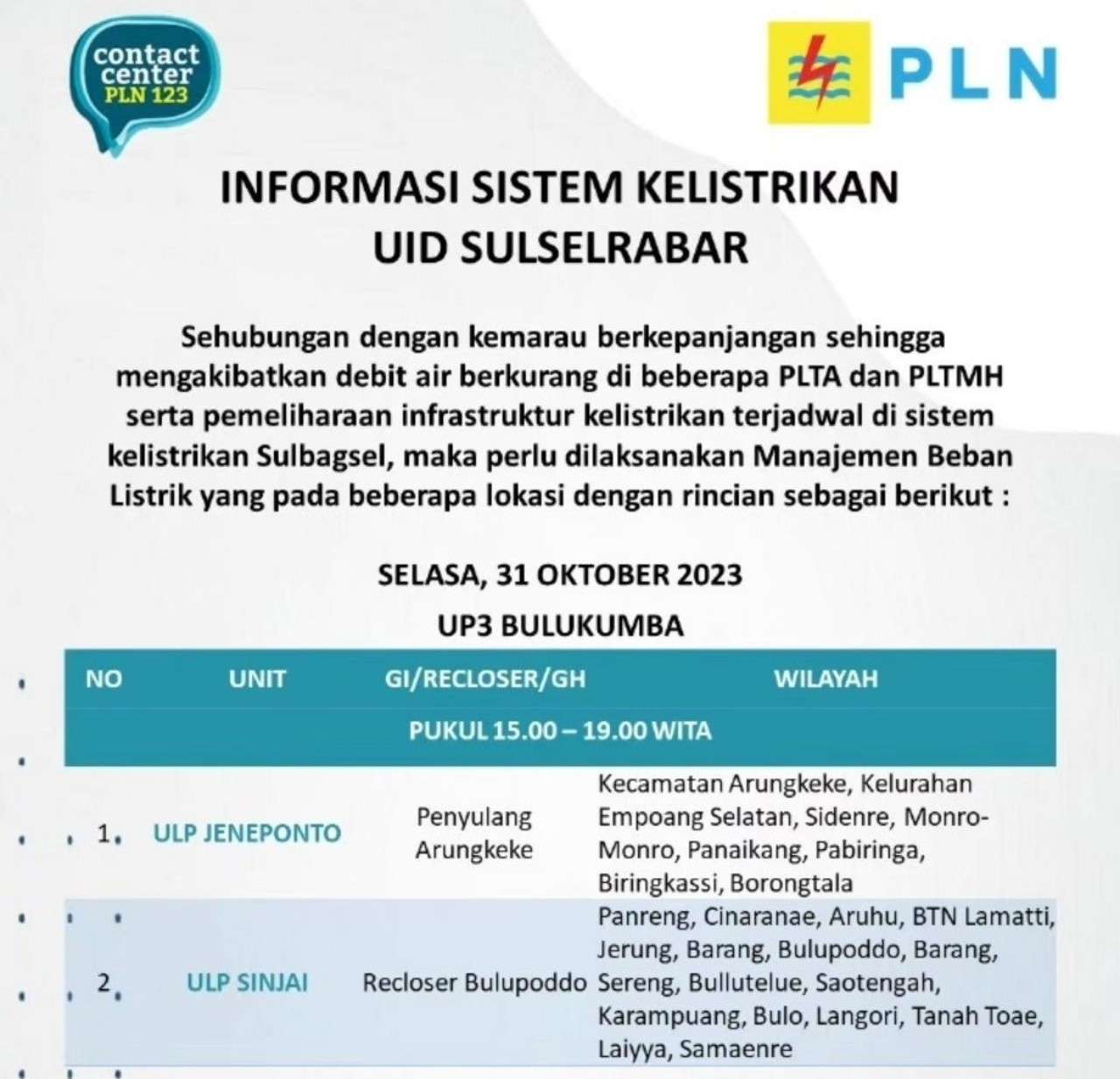 PLN Masih Lakukan Pemadaman Listrik di Bulukumba dan Sekitarnya Hari Ini Sampai Malam