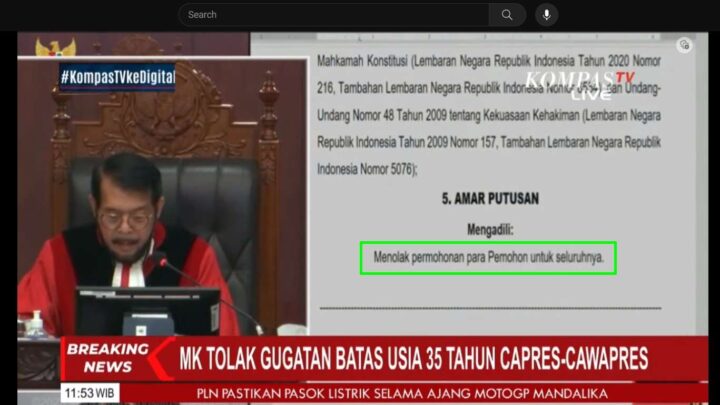 Breaking News: MK Tolak Permohonan Batas Usia Cawapres MK
