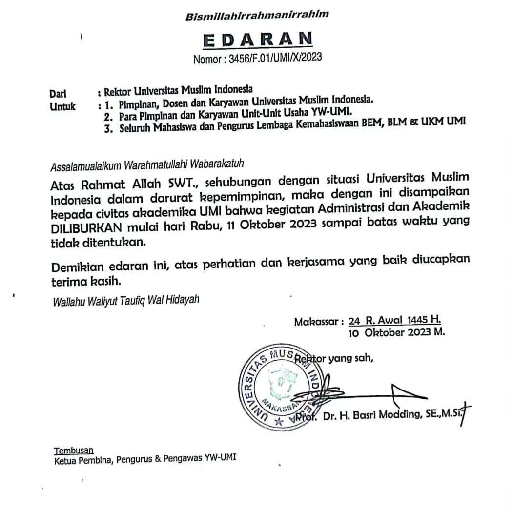 Beredar Surat Edaran, Mahasiswa dan Dosen UMI Makassar Diliburkan Imbas Rektor Dicopot