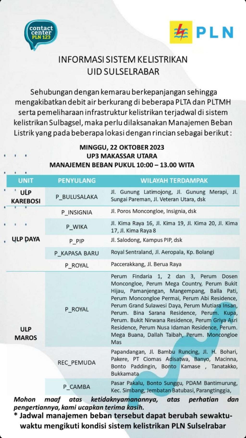 Cek Lokasi Pemadaman Listrik Makassar Maros Takalar hingga Pangkep Minggu Hari Ini, Rata-rata 3 Jam