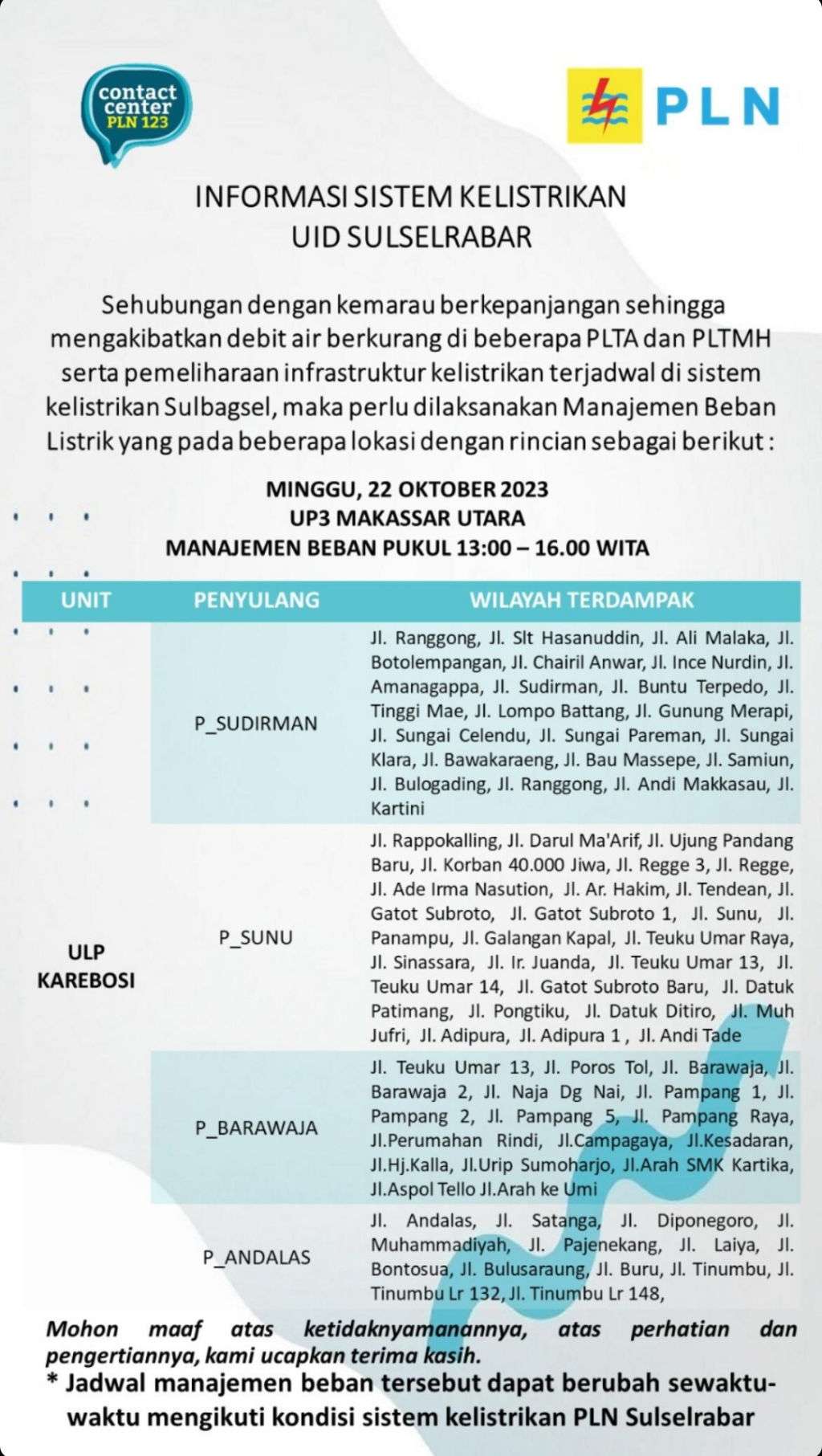 Cek Lokasi Pemadaman Listrik Makassar Maros Takalar hingga Pangkep Minggu Hari Ini, Rata-rata 3 Jam