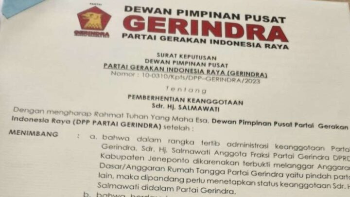Hj Salmawati Resmi Diberhentikan di Partai Gerindra, PAW Sudah Berproses Hj Salmawati