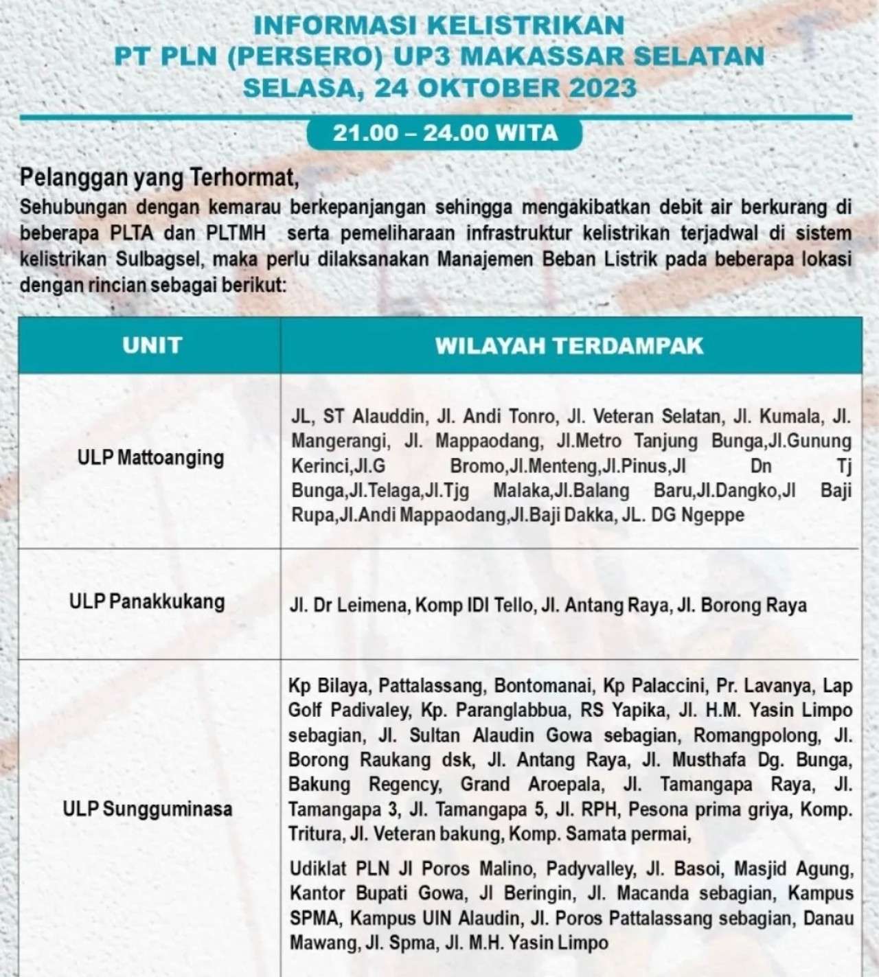 Siap-Siap! Makassar-Gowa-Takalar Mati Lampu Lagi Hari Ini 24 Oktober Sampai Malam