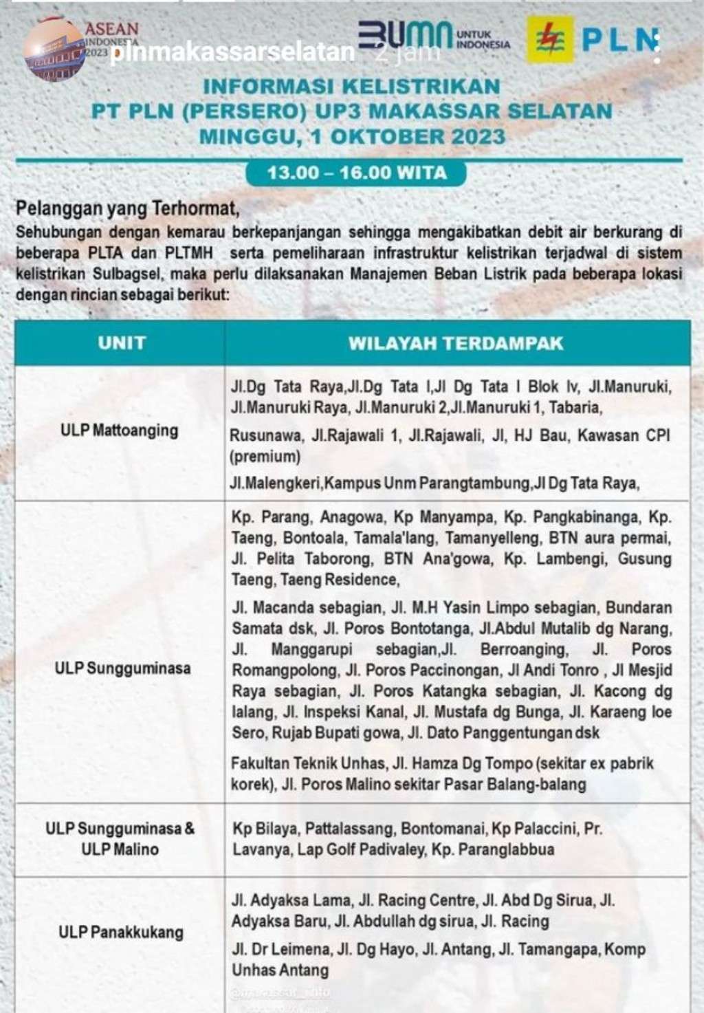 Pemadaman Listrik di Makassar Masih Berlanjut, Berikut Jadwal 1 Oktober