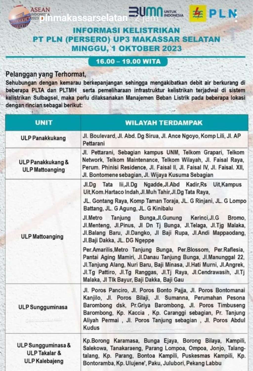 Pemadaman Listrik di Makassar Masih Berlanjut, Berikut Jadwal 1 Oktober