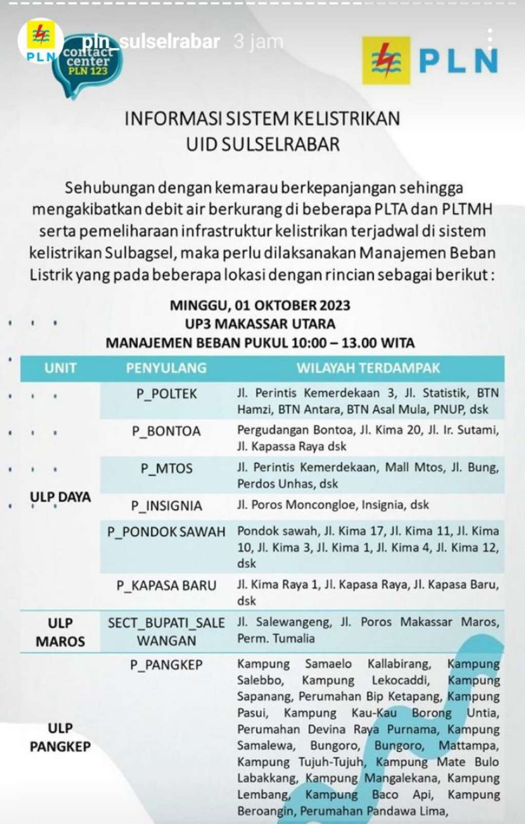 Pemadaman Listrik di Makassar Masih Berlanjut, Berikut Jadwal 1 Oktober