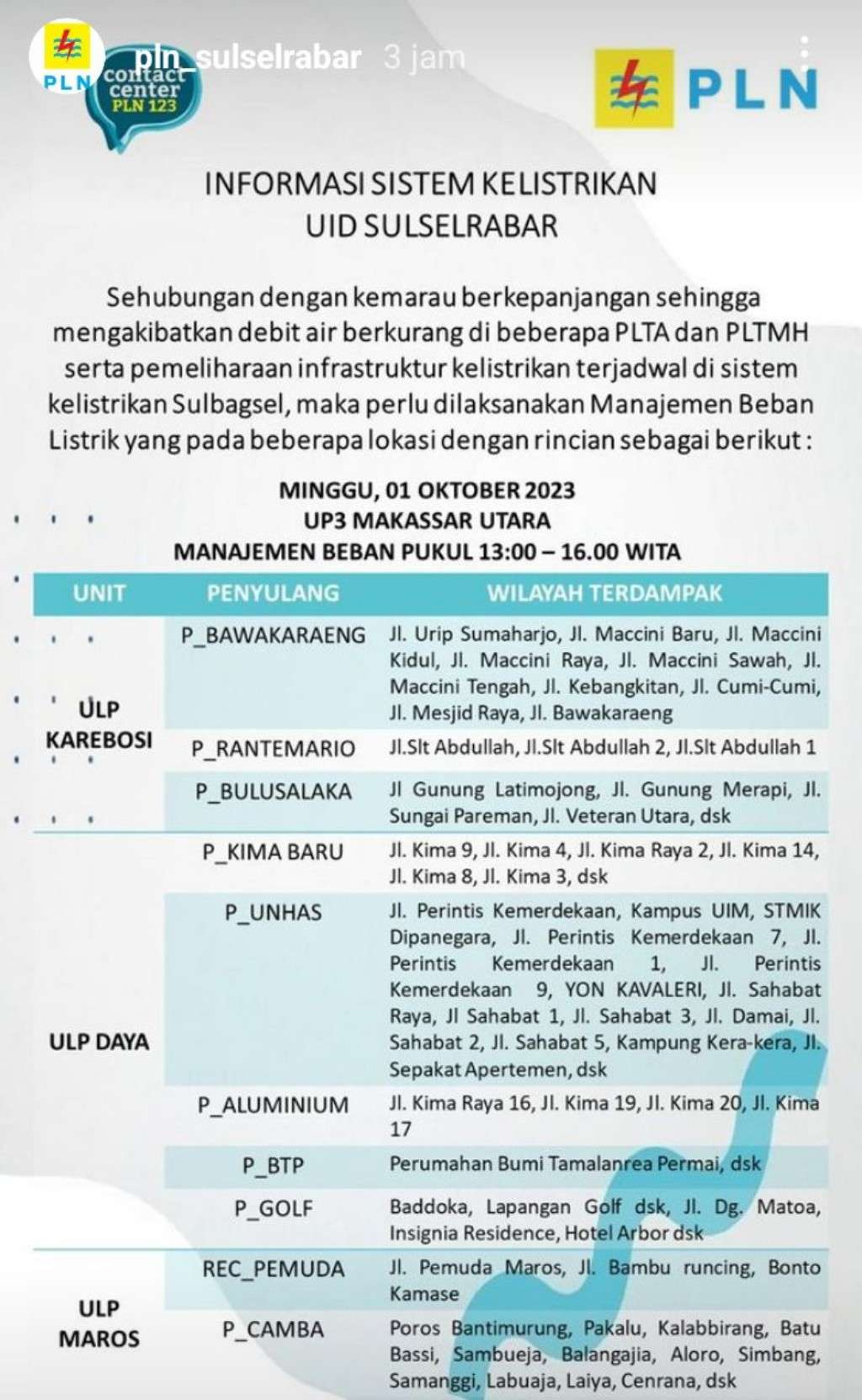 Pemadaman Listrik di Makassar Masih Berlanjut, Berikut Jadwal 1 Oktober