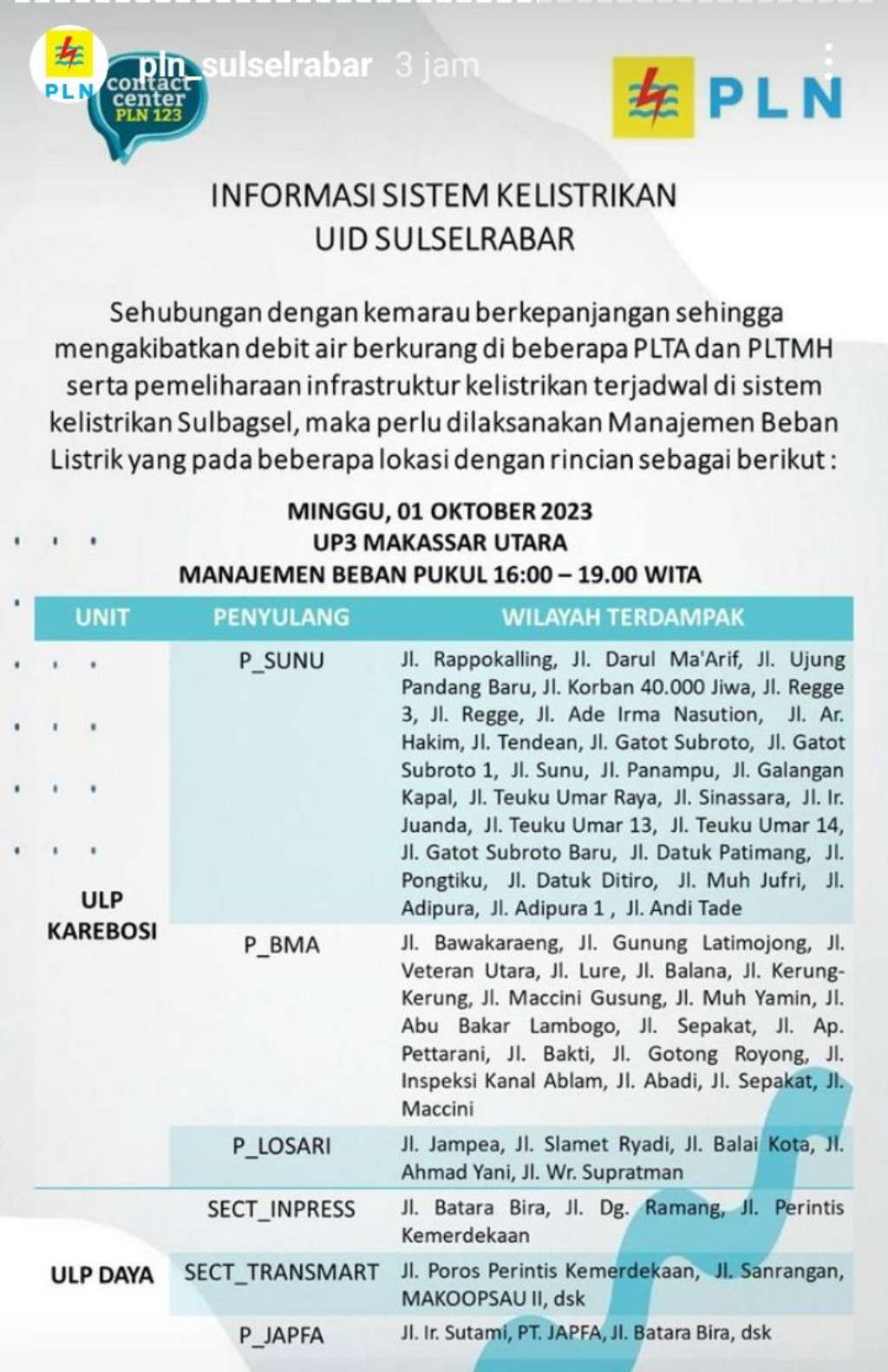 Pemadaman Listrik di Makassar Masih Berlanjut, Berikut Jadwal 1 Oktober