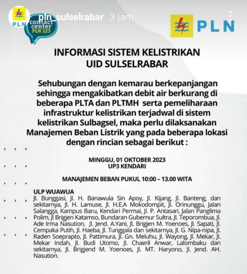 Jadwal Pemadaman Listrik di Kendari 1 Oktober 2023, Cas Full HP Anda