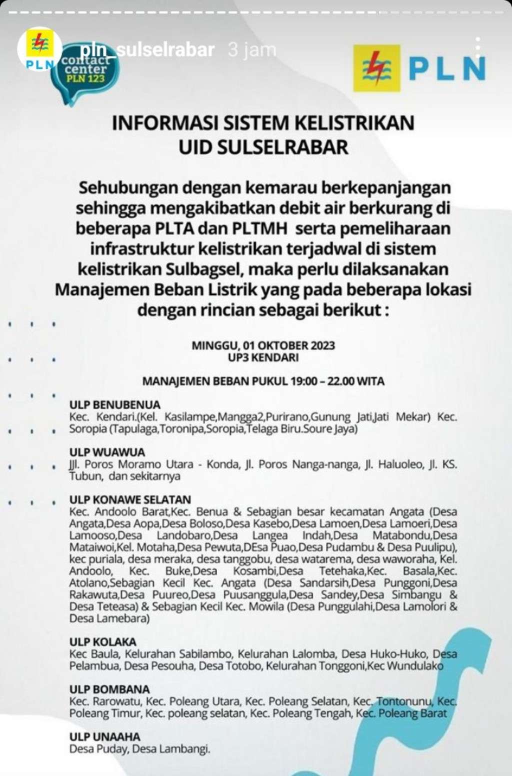 Jadwal Pemadaman Listrik di Kendari 1 Oktober 2023, Cas Full HP Anda