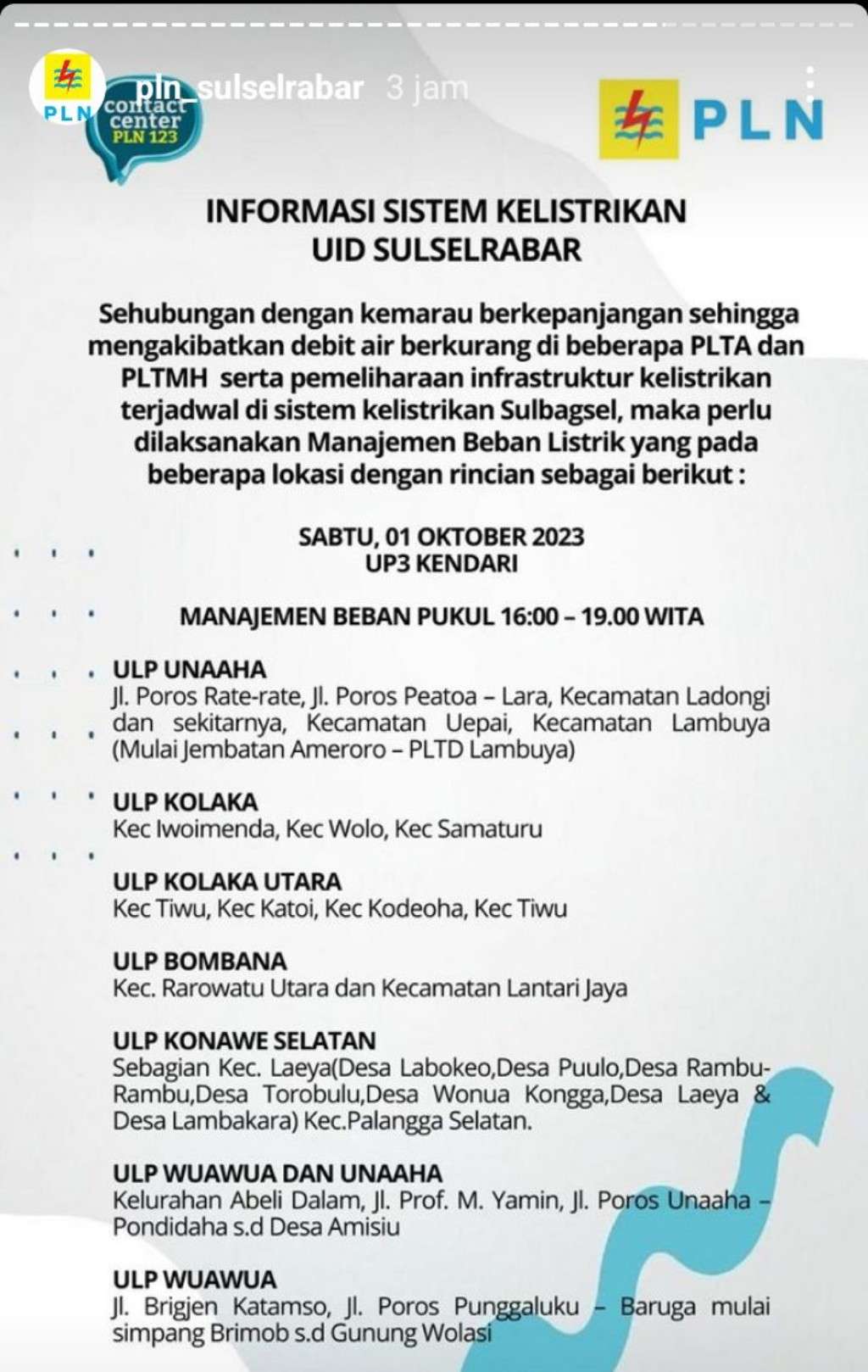 Jadwal Pemadaman Listrik di Kendari 1 Oktober 2023, Cas Full HP Anda