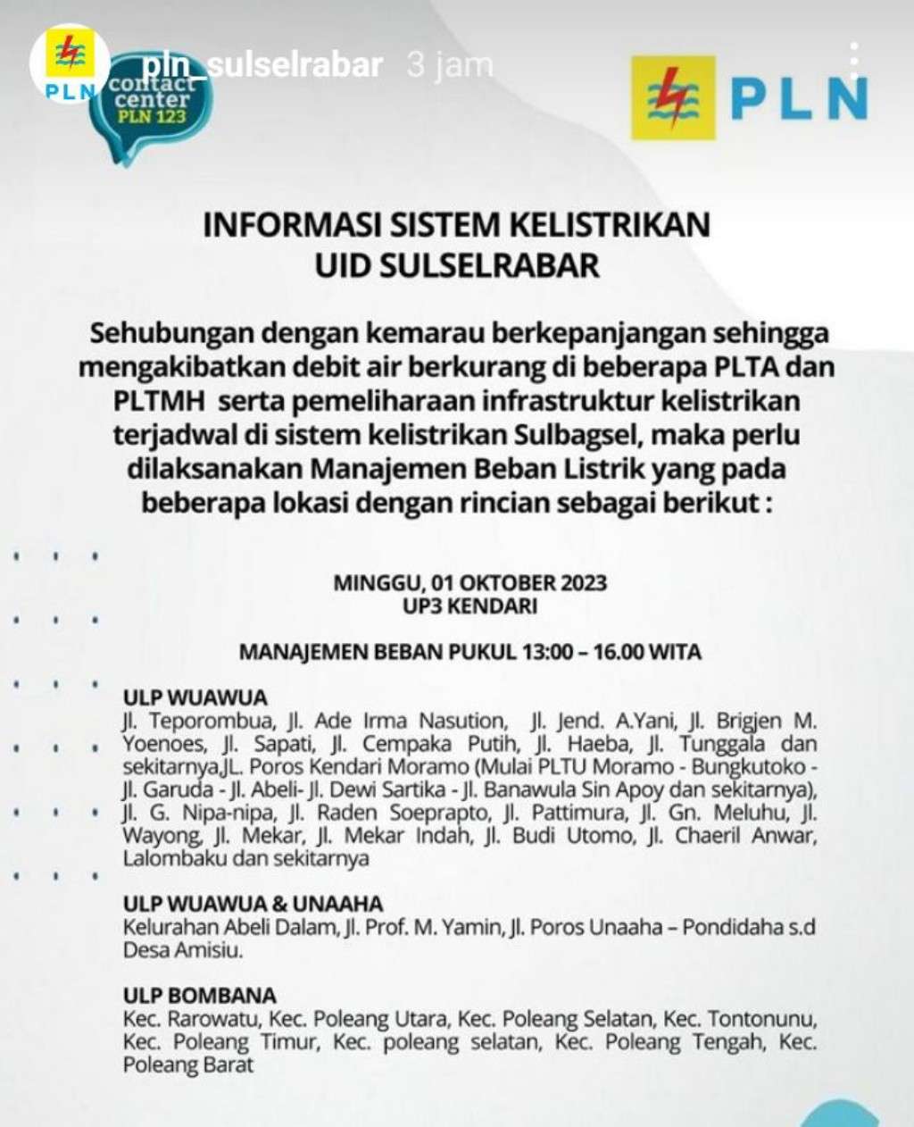 Jadwal Pemadaman Listrik di Kendari 1 Oktober 2023, Cas Full HP Anda
