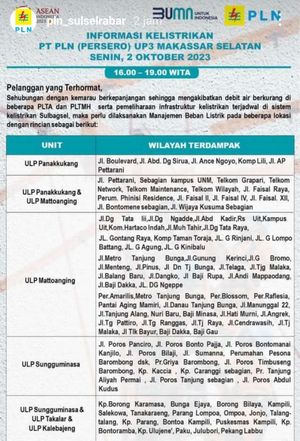 Jadwal Pemadaman Listrik di Makassar, Gowa, Takalar, Maros dan Pangkep 2 Oktober