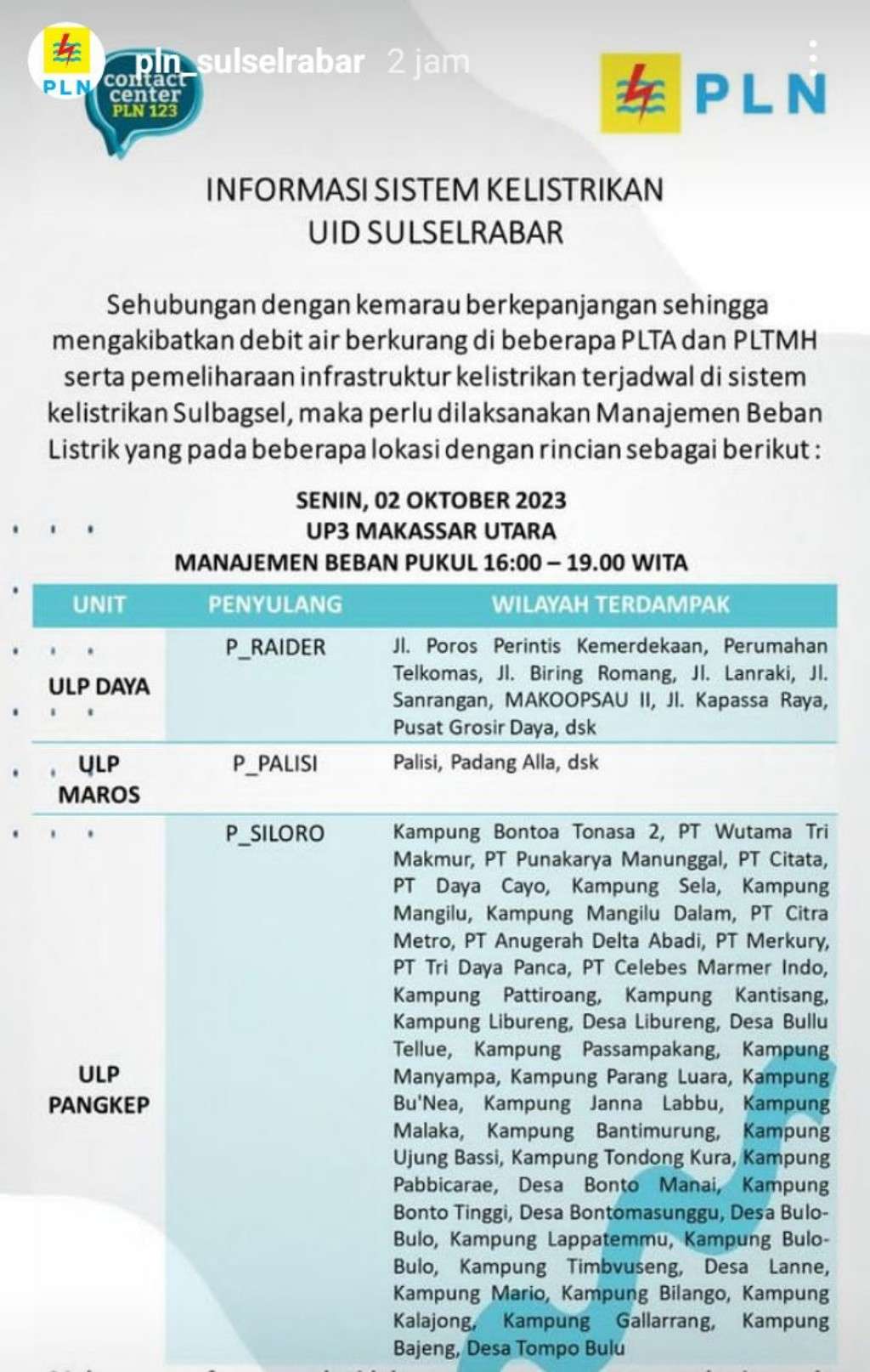Jadwal Pemadaman Listrik di Makassar, Gowa, Takalar, Maros dan Pangkep 2 Oktober