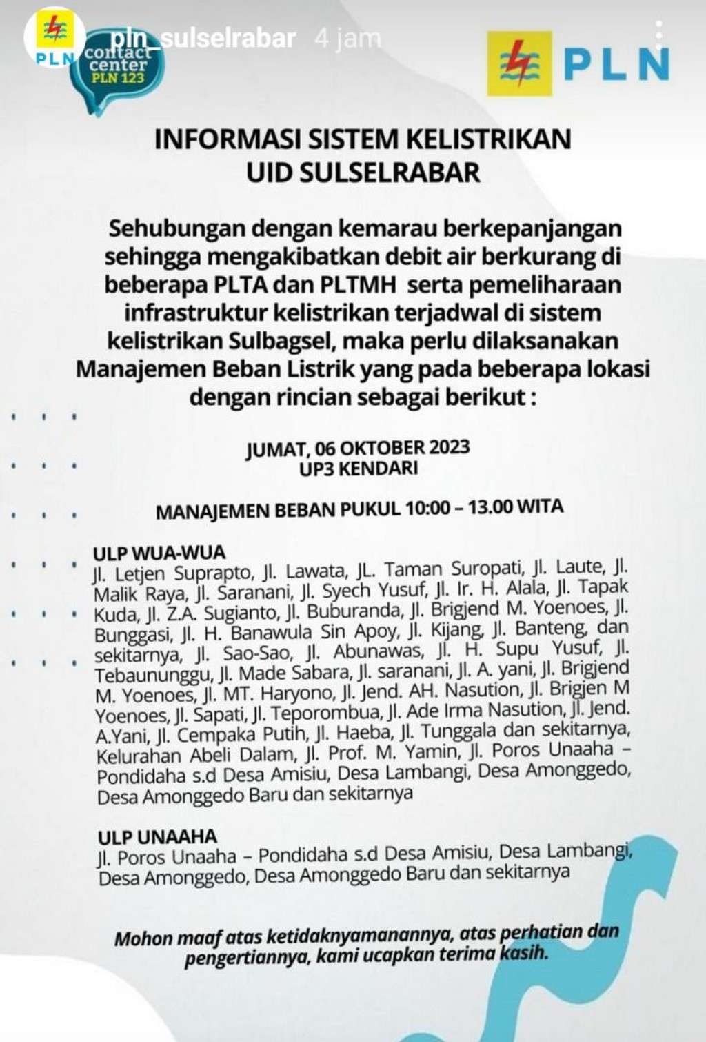 Siap-Siap Warga Kendari, PLN Lakukan Pemadaman Listrik 12 Jam Hari Ini 6 Oktober