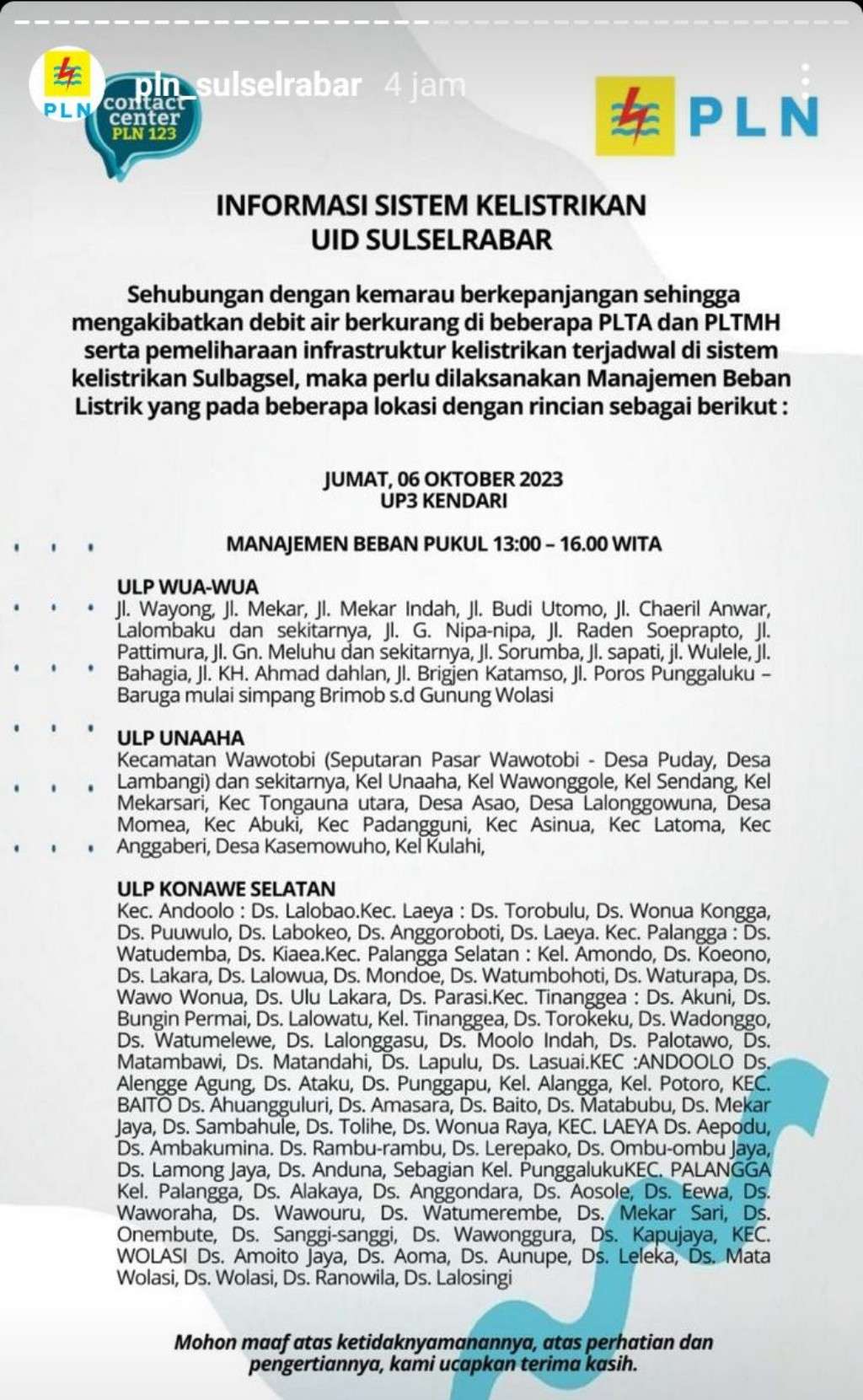 Siap-Siap Warga Kendari, PLN Lakukan Pemadaman Listrik 12 Jam Hari Ini 6 Oktober