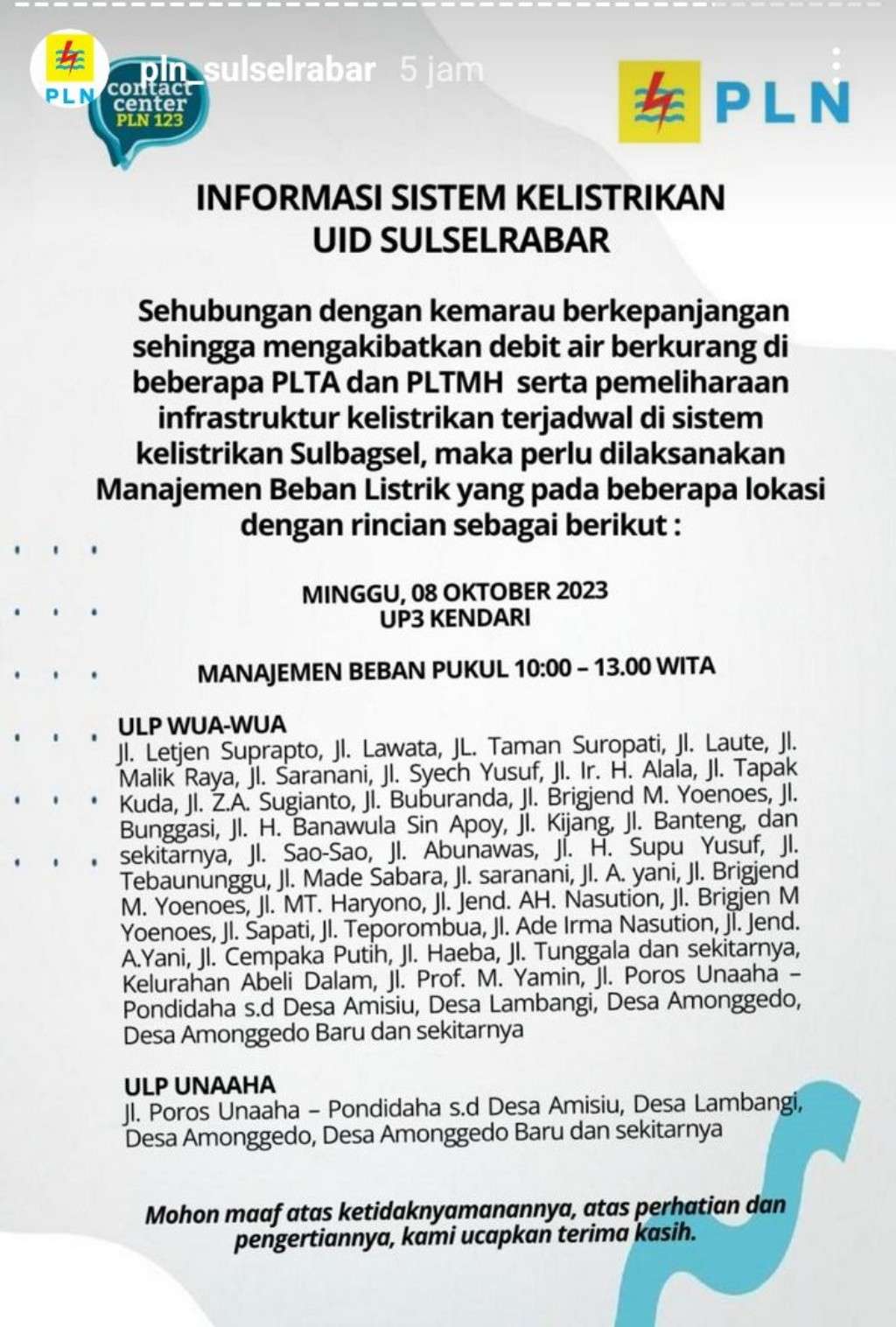 Jadwal Pemadaman Listrik Kendari Hari Ini 8 Oktober, Jangan Lupa Cas HP