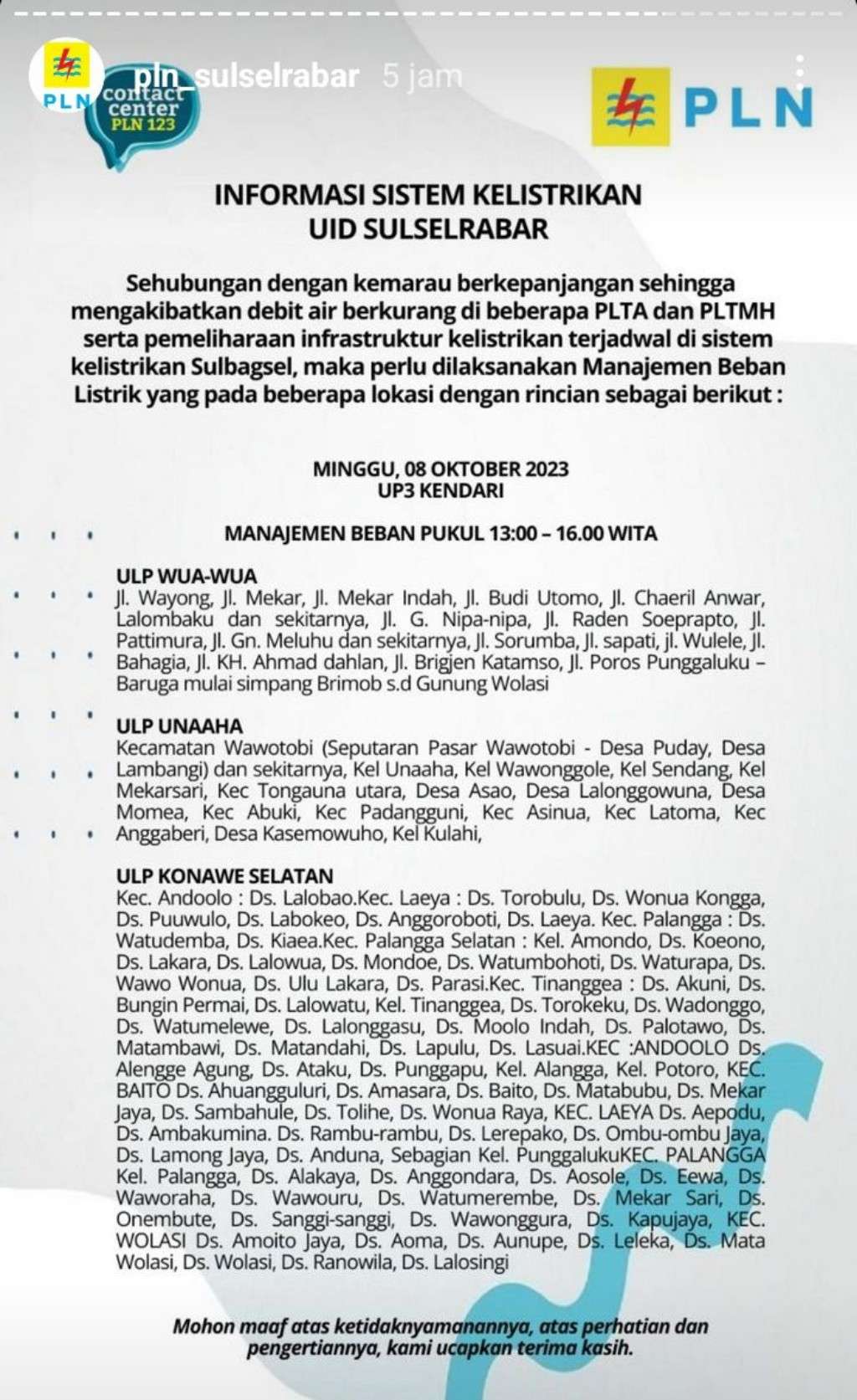 Jadwal Pemadaman Listrik Kendari Hari Ini 8 Oktober, Jangan Lupa Cas HP