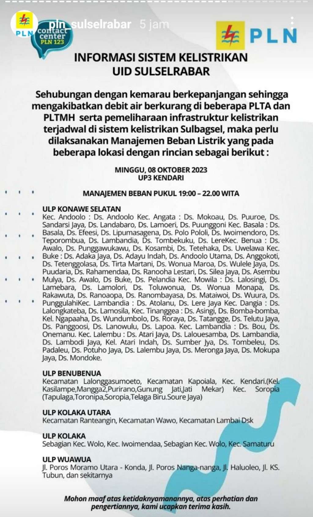Jadwal Pemadaman Listrik Kendari Hari Ini 8 Oktober, Jangan Lupa Cas HP