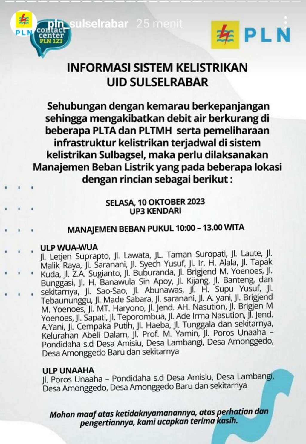 Pemadaman Listrik di Kendari Masih Berlanjut, Berikut Jadwal 10 Oktober