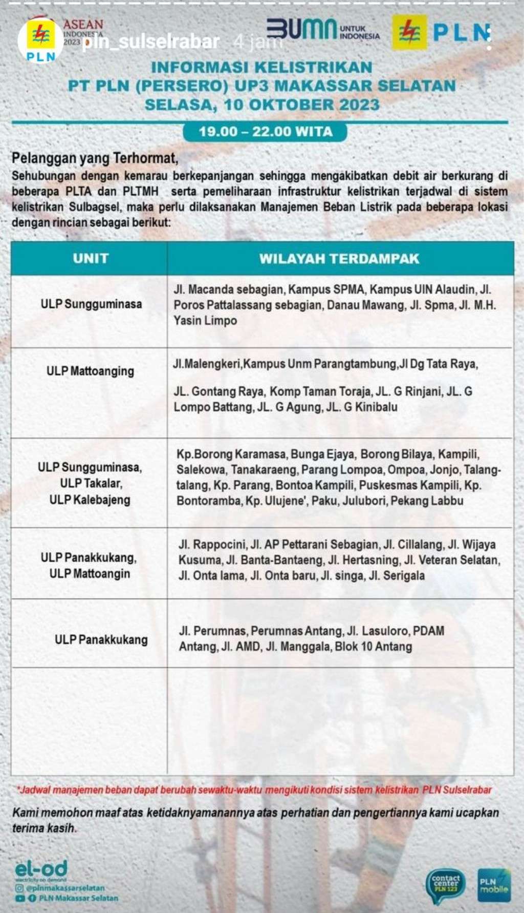 Jadwal Pemadaman Listrik di Makassar Hari Ini 10 Oktober, Cas Full HP