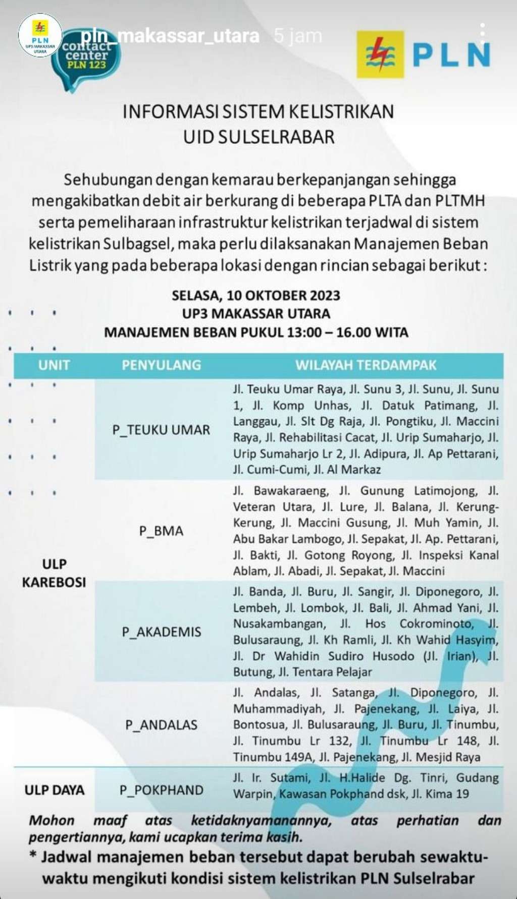 Jadwal Pemadaman Listrik di Makassar Hari Ini 10 Oktober, Cas Full HP