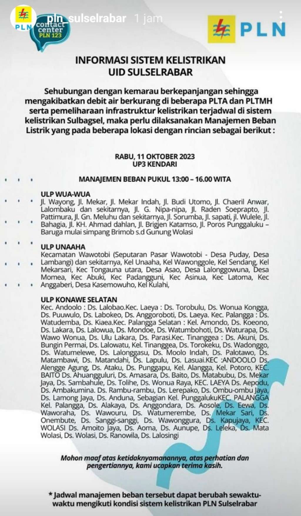 Warga Kendari Ingat Cas Full HP, Berikut Jadwal Pemadaman Listrik Hari Ini 11 Oktober