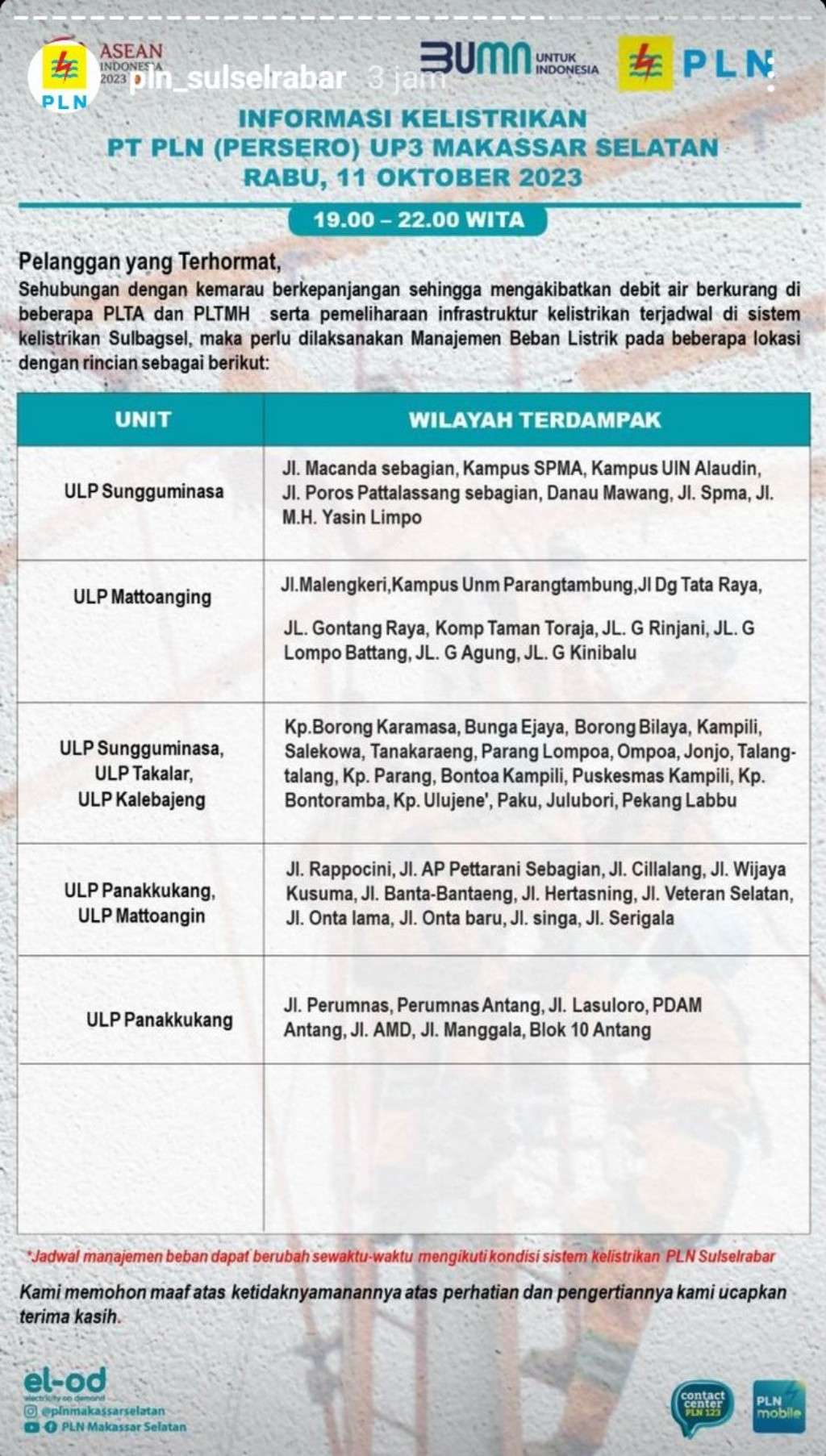 Ingat Cas HP, Berikut Jadwal Pemadaman Listrik Makassar Hari Ini 11 Oktober