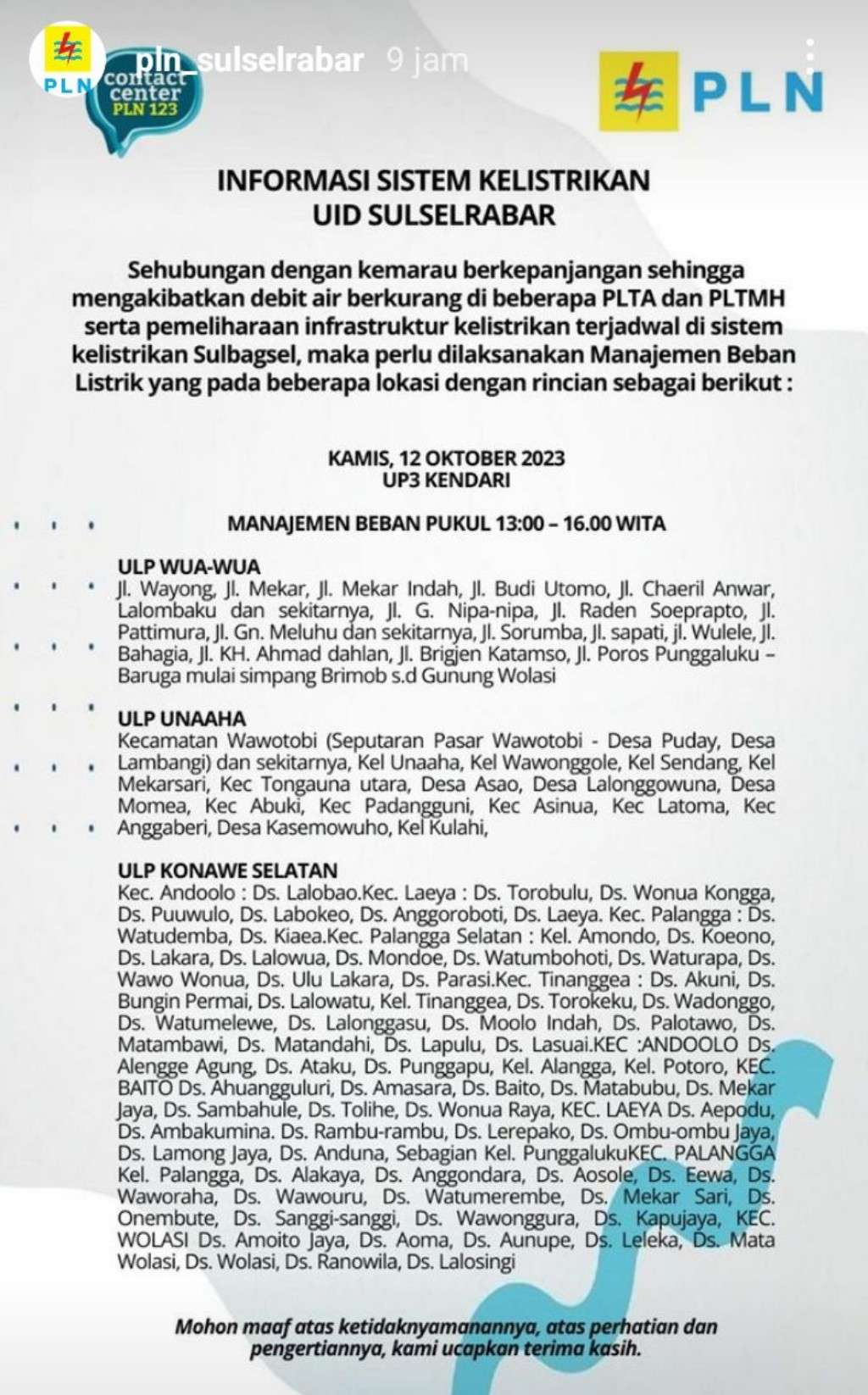 Listrik Padam Lagi di Kendari Hari Ini 12 Oktober, Berikut Jadwal dan Lokasinya