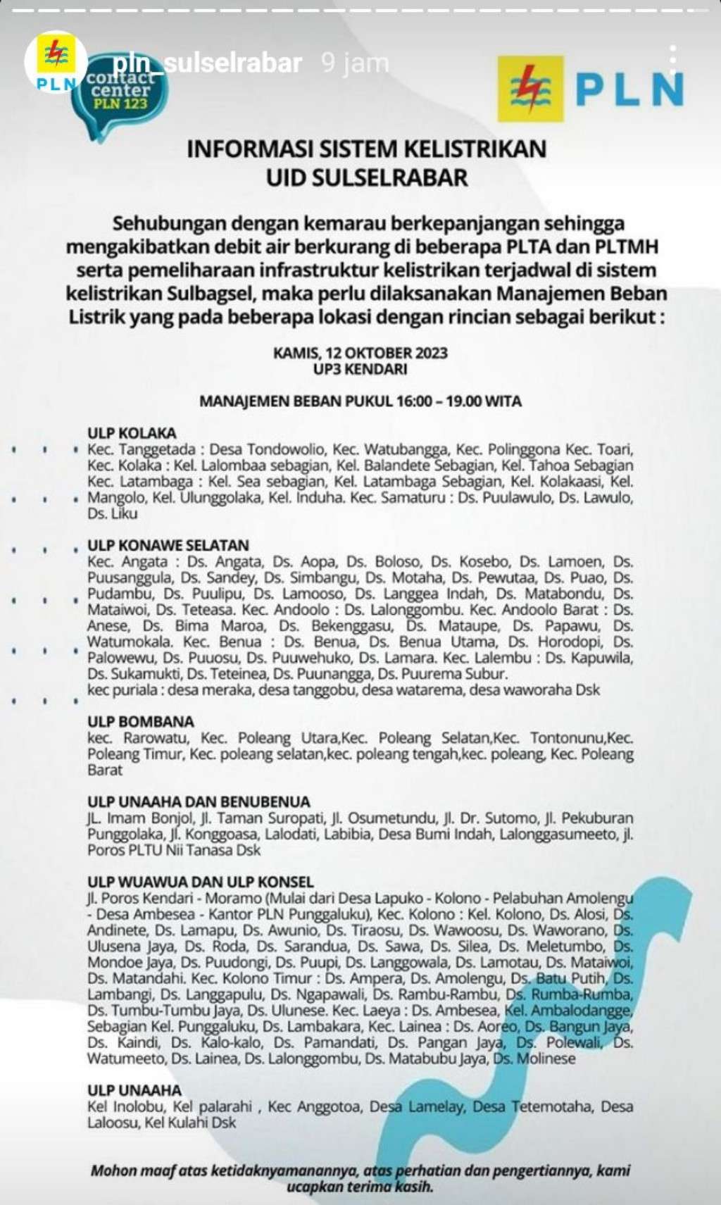 Listrik Padam Lagi di Kendari Hari Ini 12 Oktober, Berikut Jadwal dan Lokasinya
