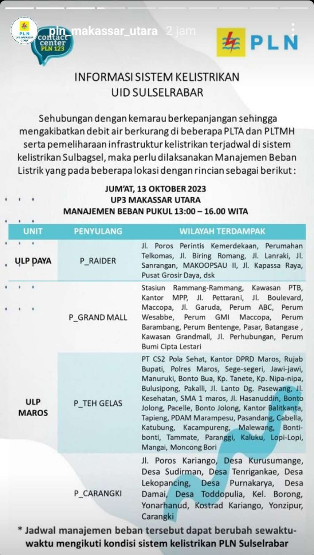 Berikut Jadwal Pemadaman Listrik di Makassar Hari Ini, 13 Oktober