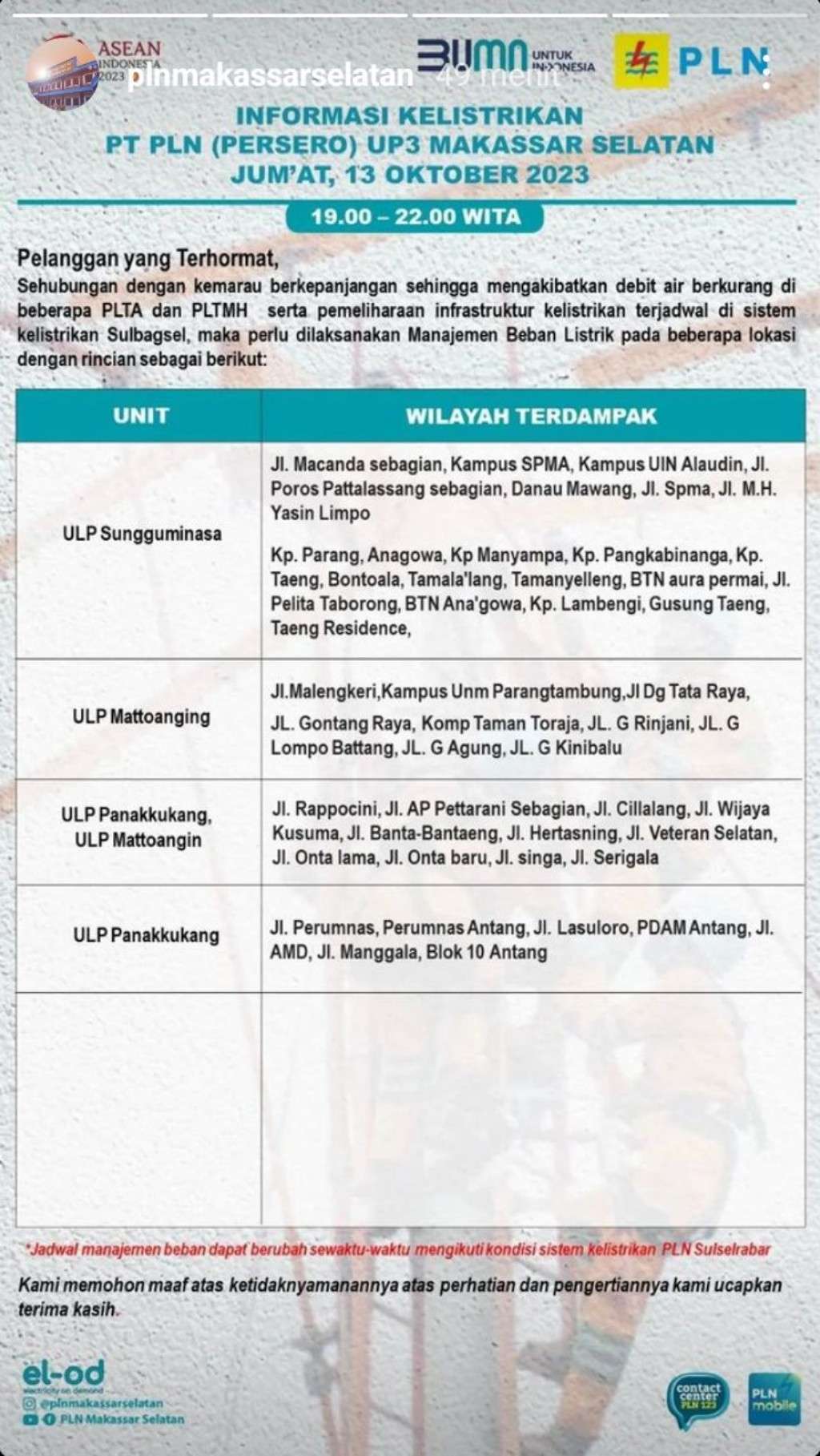 Berikut Jadwal Pemadaman Listrik di Makassar Hari Ini, 13 Oktober