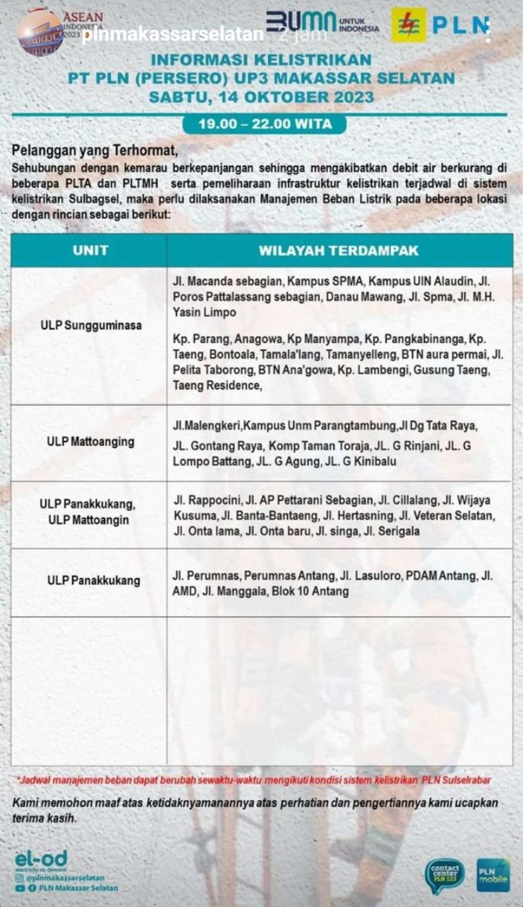 Jadwal Pemadaman Listrik di Makassar Hari Ini, 14 Oktober 2023