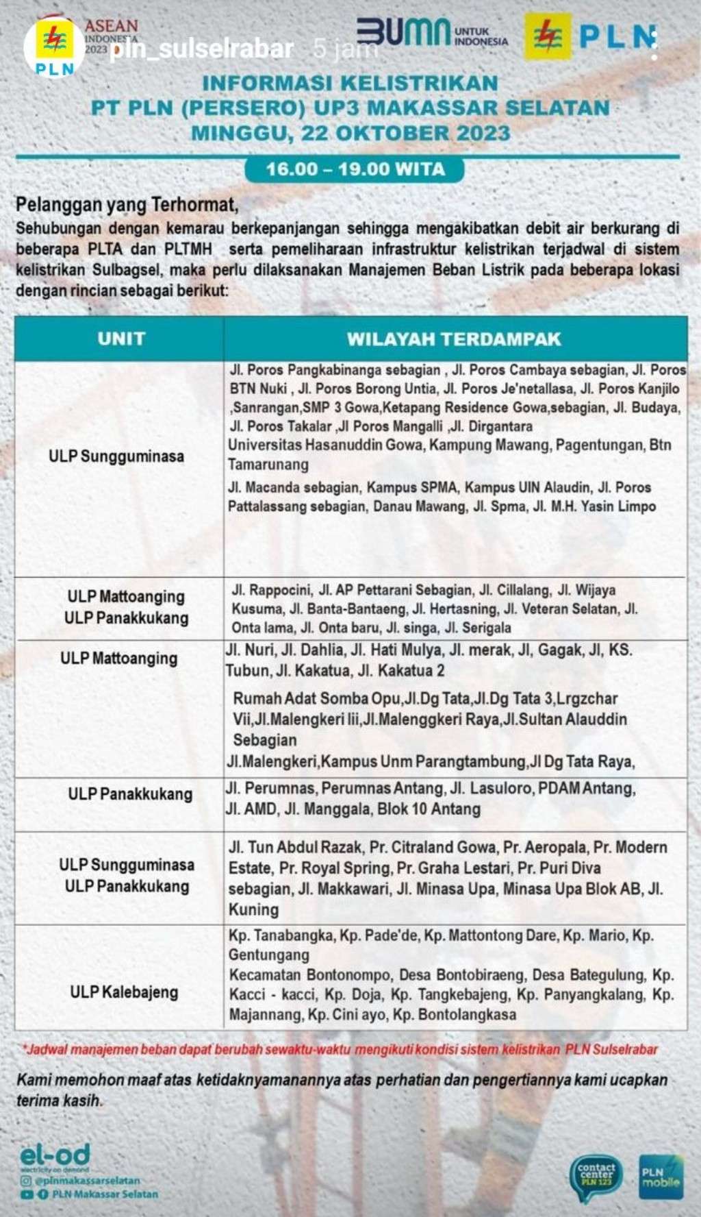 Jadwal Pemadaman Listrik di Makassar Hari Ini, 22 Oktober 2023