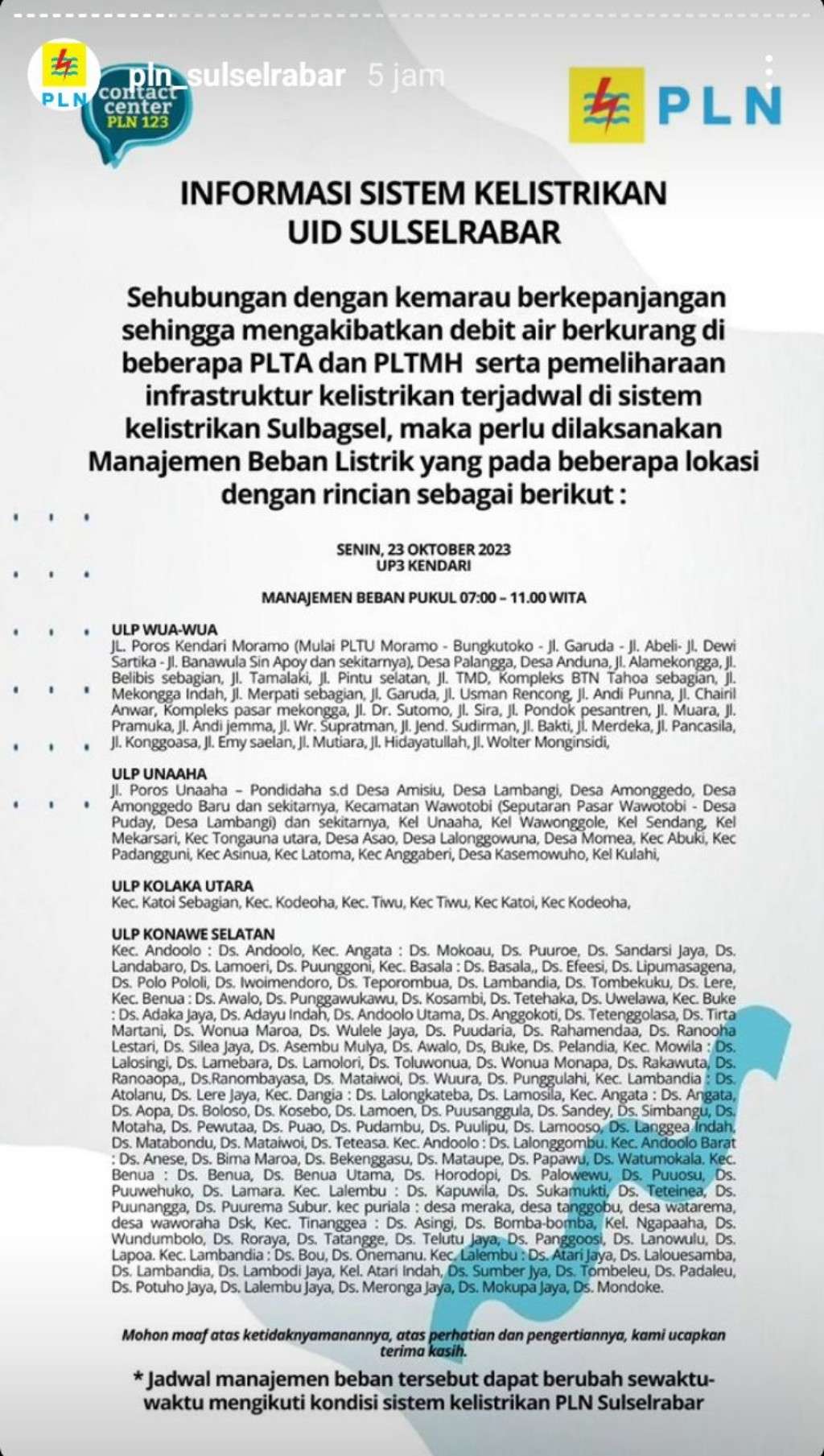 Jadwal Pemadaman Listrik di Kendari Hari Ini 23 Oktober, Mulai Pukul 7 Pagi Hingga 12 Malam