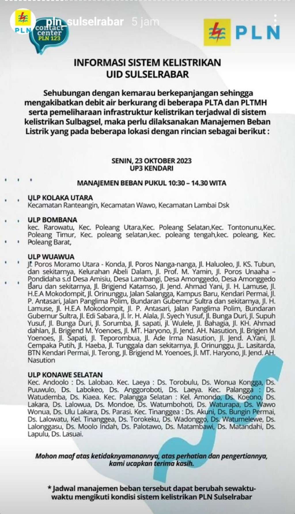Jadwal Pemadaman Listrik di Kendari Hari Ini 23 Oktober, Mulai Pukul 7 Pagi Hingga 12 Malam