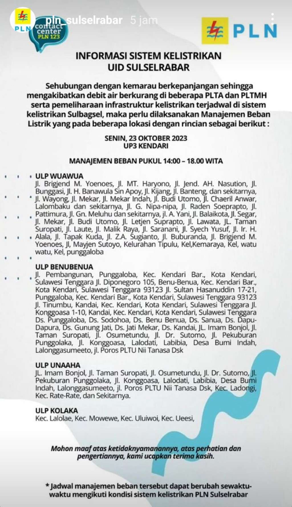 Jadwal Pemadaman Listrik di Kendari Hari Ini 23 Oktober, Mulai Pukul 7 Pagi Hingga 12 Malam