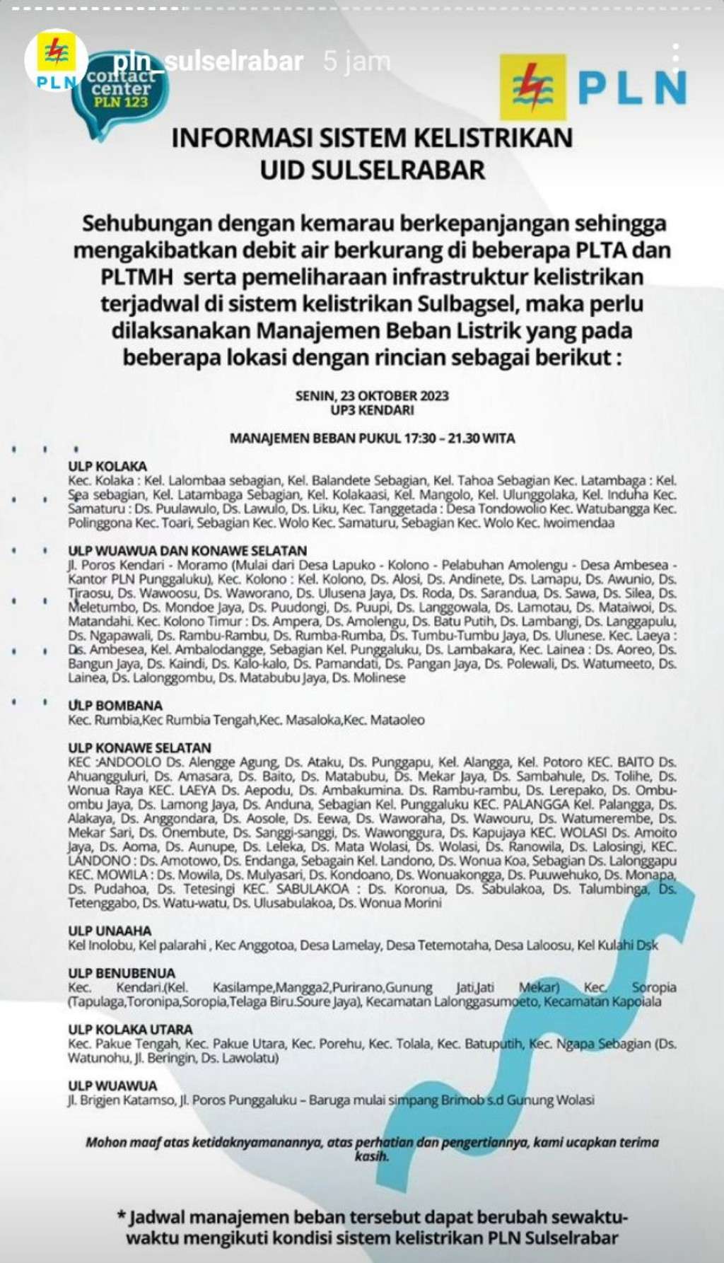 Jadwal Pemadaman Listrik di Kendari Hari Ini 23 Oktober, Mulai Pukul 7 Pagi Hingga 12 Malam