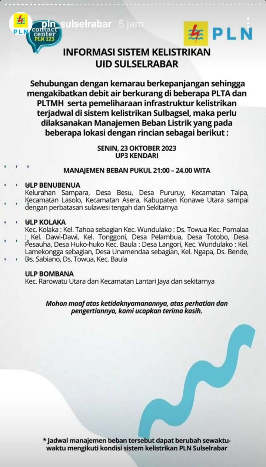 Jadwal Pemadaman Listrik di Kendari Hari Ini 23 Oktober, Mulai Pukul 7 Pagi Hingga 12 Malam