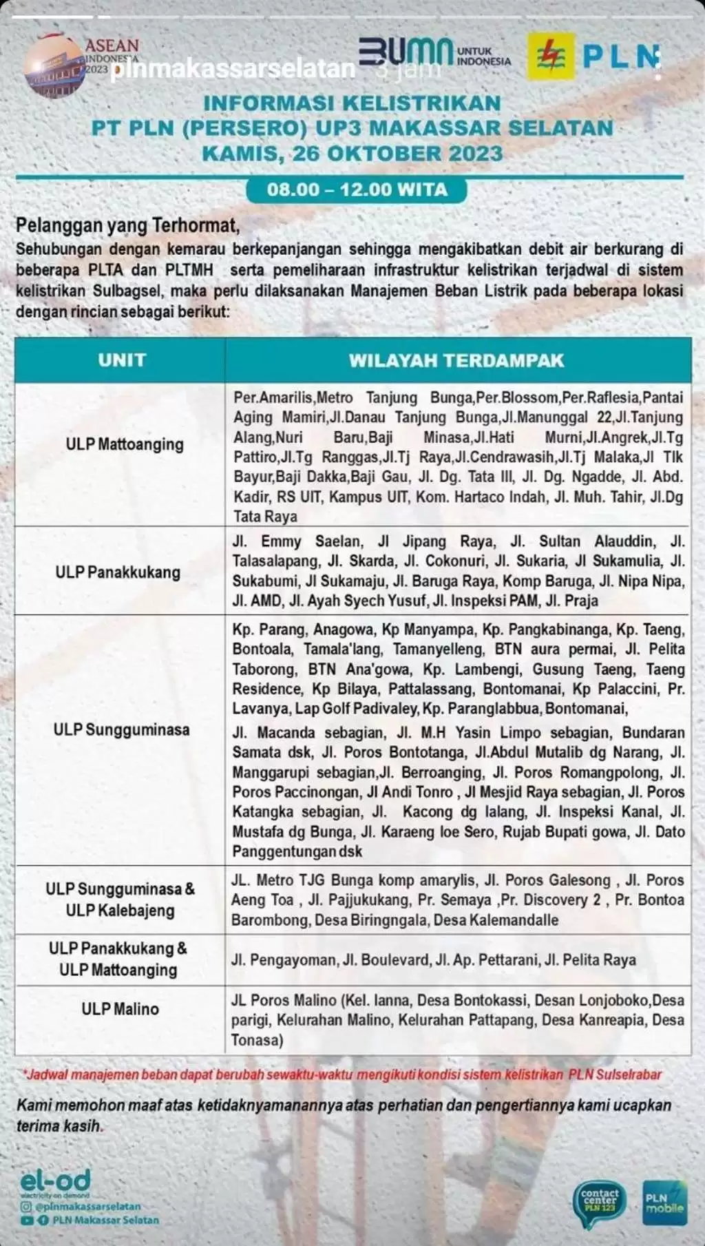 Jadwal Pemadaman Listrik di Makassar Hari Ini 26 Oktober, Berlangsung 4 Jam Tiap Wilayah
