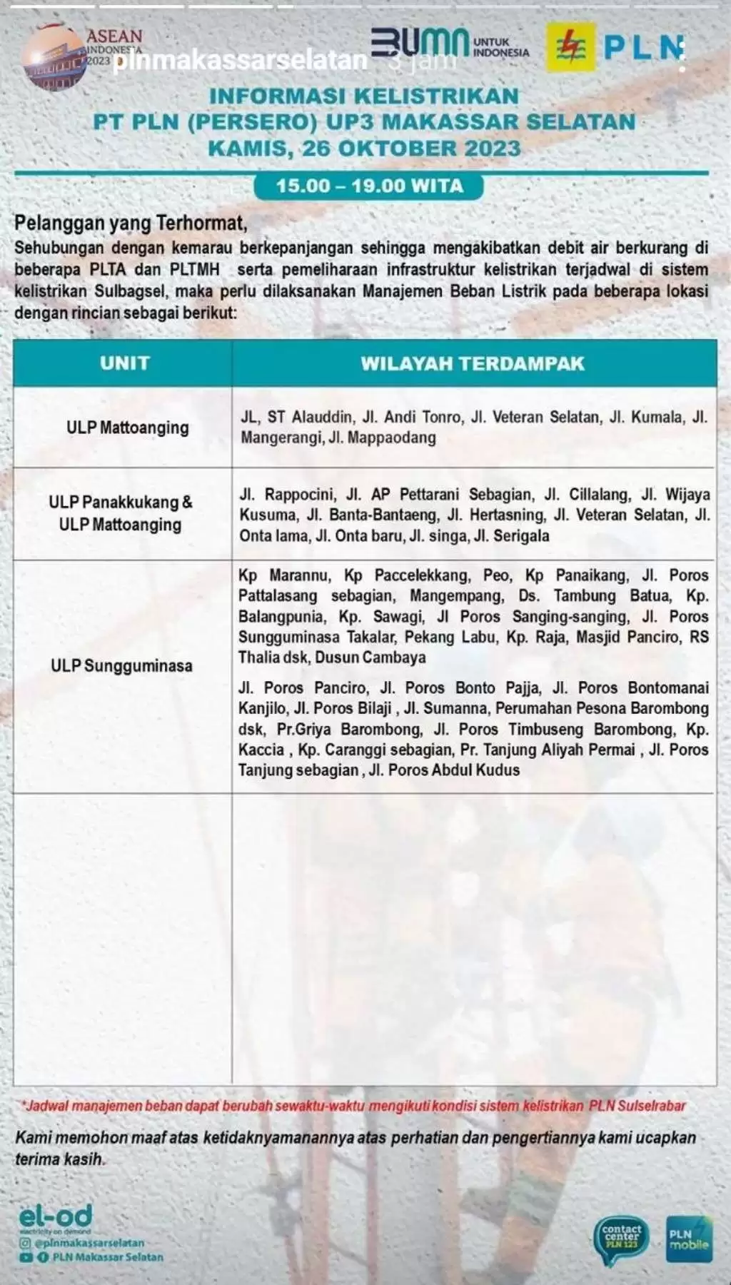 Jadwal Pemadaman Listrik di Makassar Hari Ini 26 Oktober, Berlangsung 4 Jam Tiap Wilayah