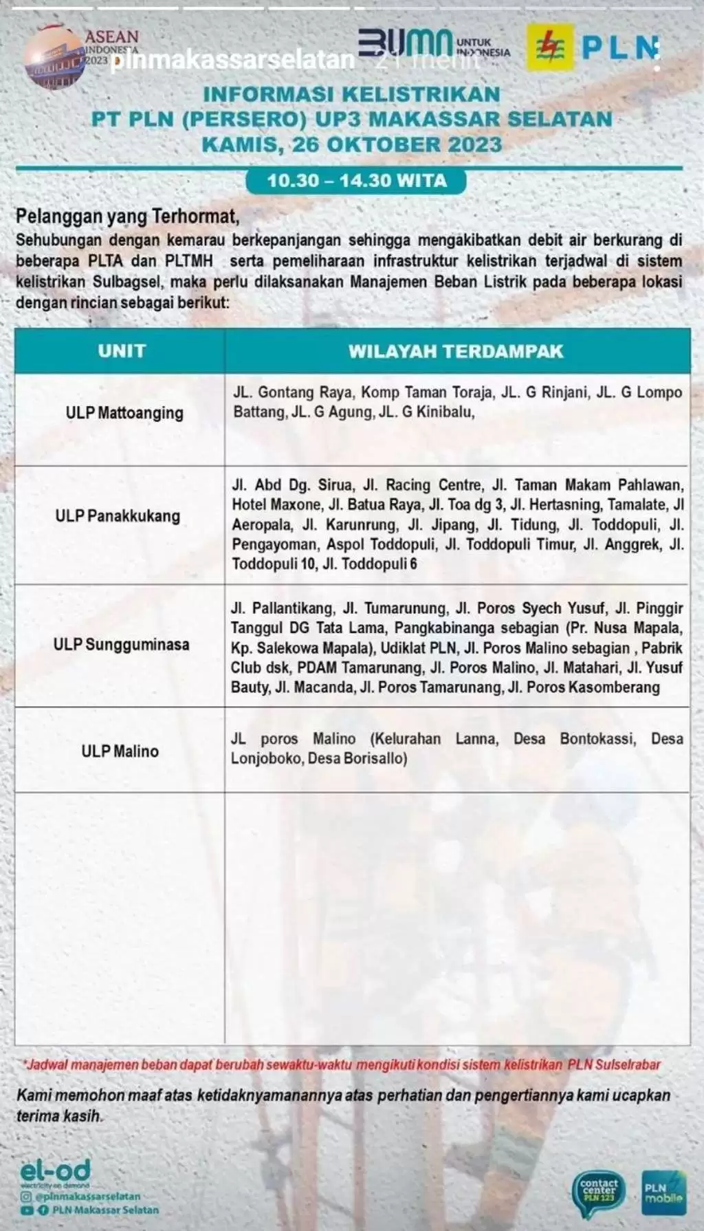 Jadwal Pemadaman Listrik di Makassar Hari Ini 26 Oktober, Berlangsung 4 Jam Tiap Wilayah